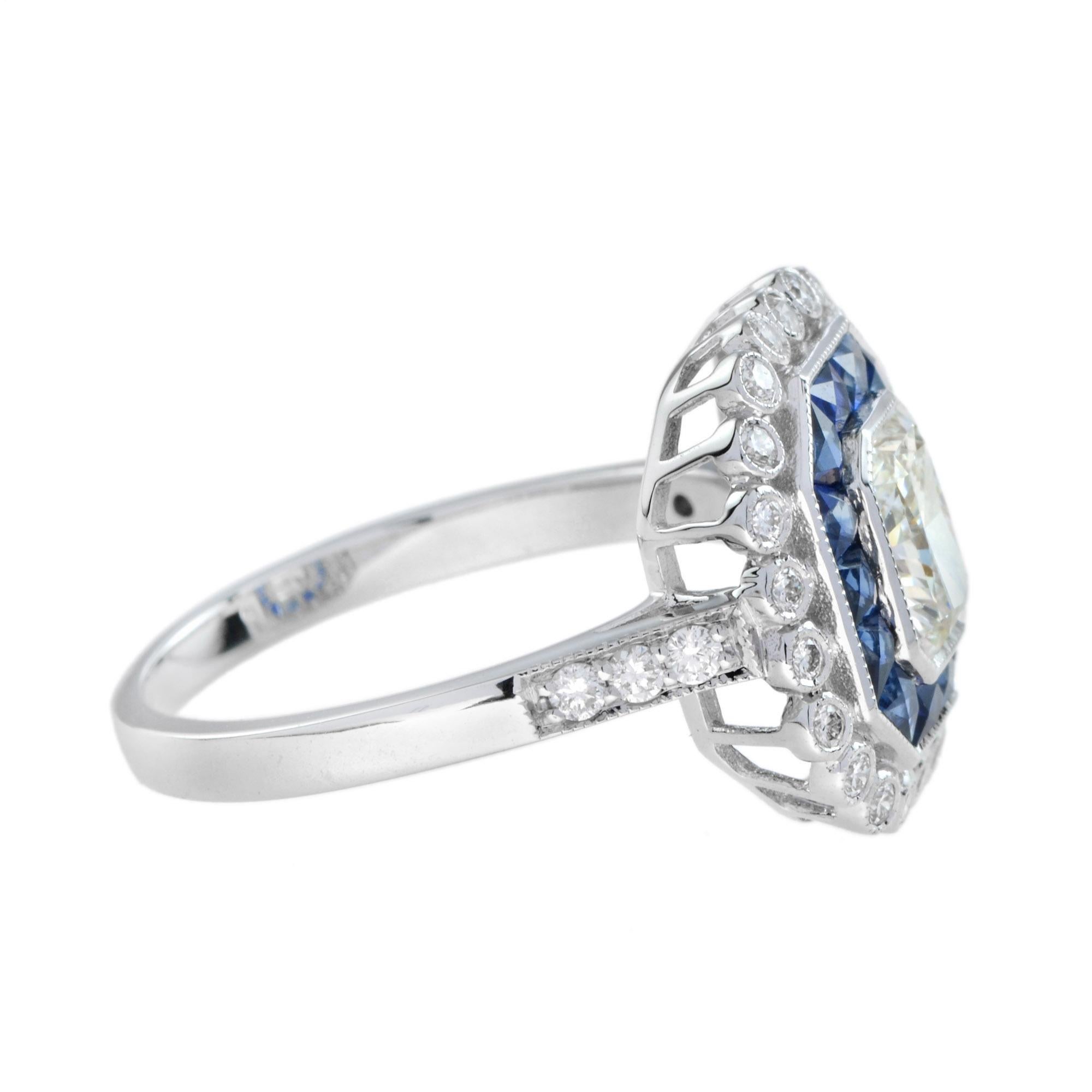 Art déco GIA Bague en or blanc 18 carats de style art déco avec halo de saphirs bleus et de diamants de forme rayonnante en vente