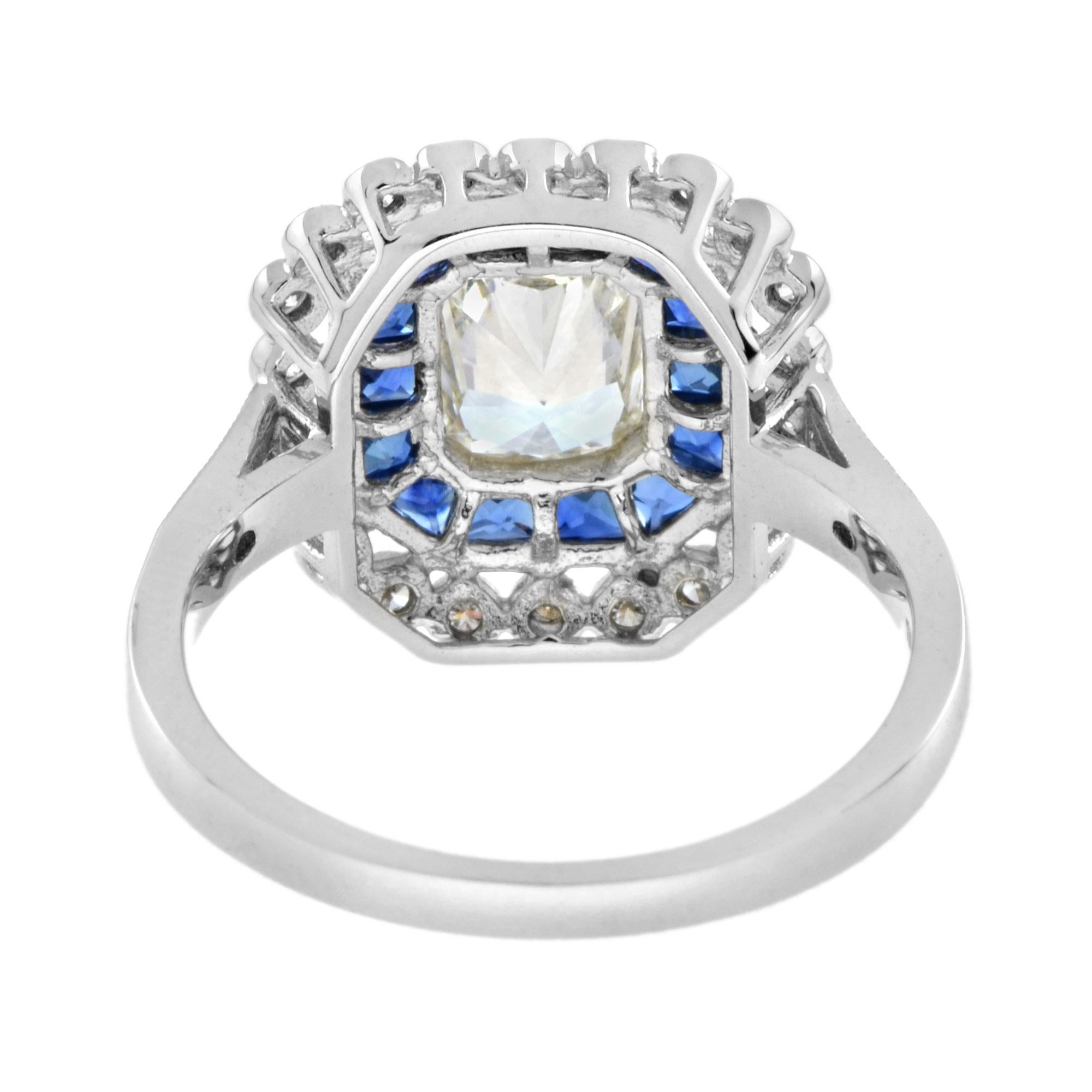 Taille émeraude GIA Bague en or blanc 18 carats de style art déco avec halo de saphirs bleus et de diamants de forme rayonnante en vente