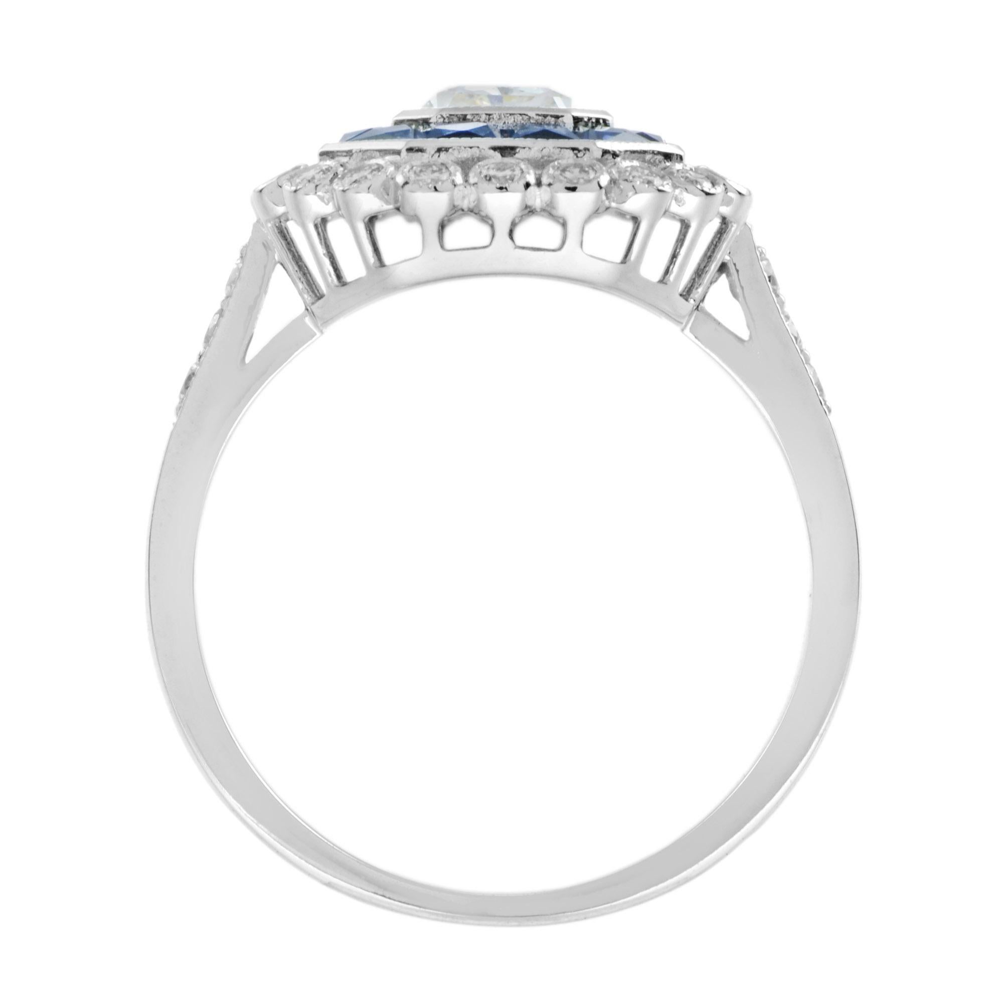 GIA Bague en or blanc 18 carats de style art déco avec halo de saphirs bleus et de diamants de forme rayonnante Neuf - En vente à Oakton, VA