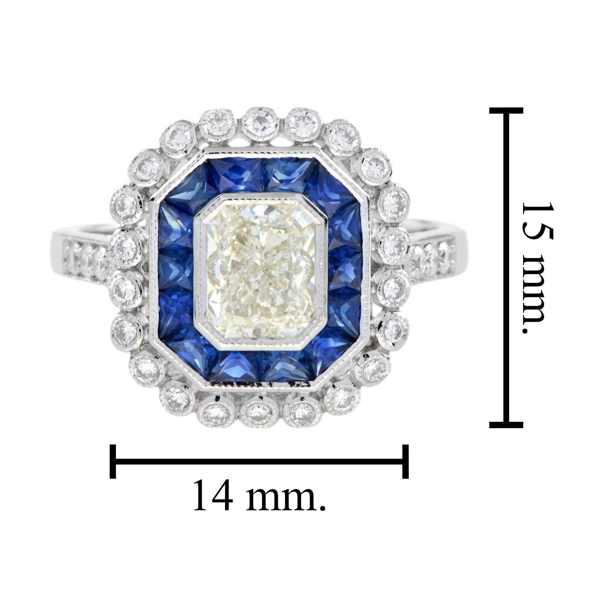 GIA Bague en or blanc 18 carats de style art déco avec halo de saphirs bleus et de diamants de forme rayonnante en vente 3
