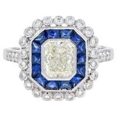 GIA Art Deco Style Radiant Shape Diamond Blue Sapphire Halo 18K White Gold Ring