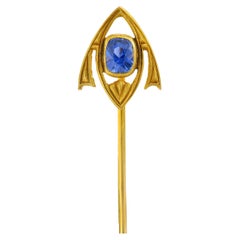GIA Art Nouveau No Heat Cushion Cut Sapphire 14 Karat Yellow Gold Stickpin