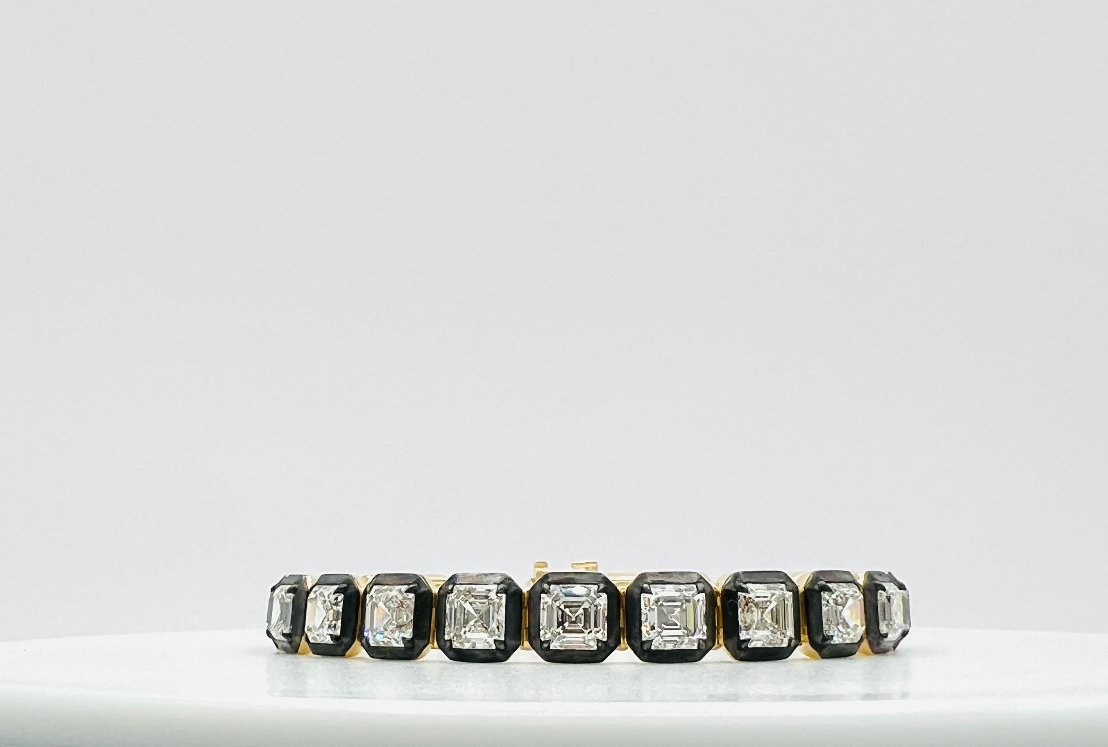 Bracelet en or jaune 18K et rhodium noir avec diamant asscher GIA Neuf - En vente à Los Angeles, CA