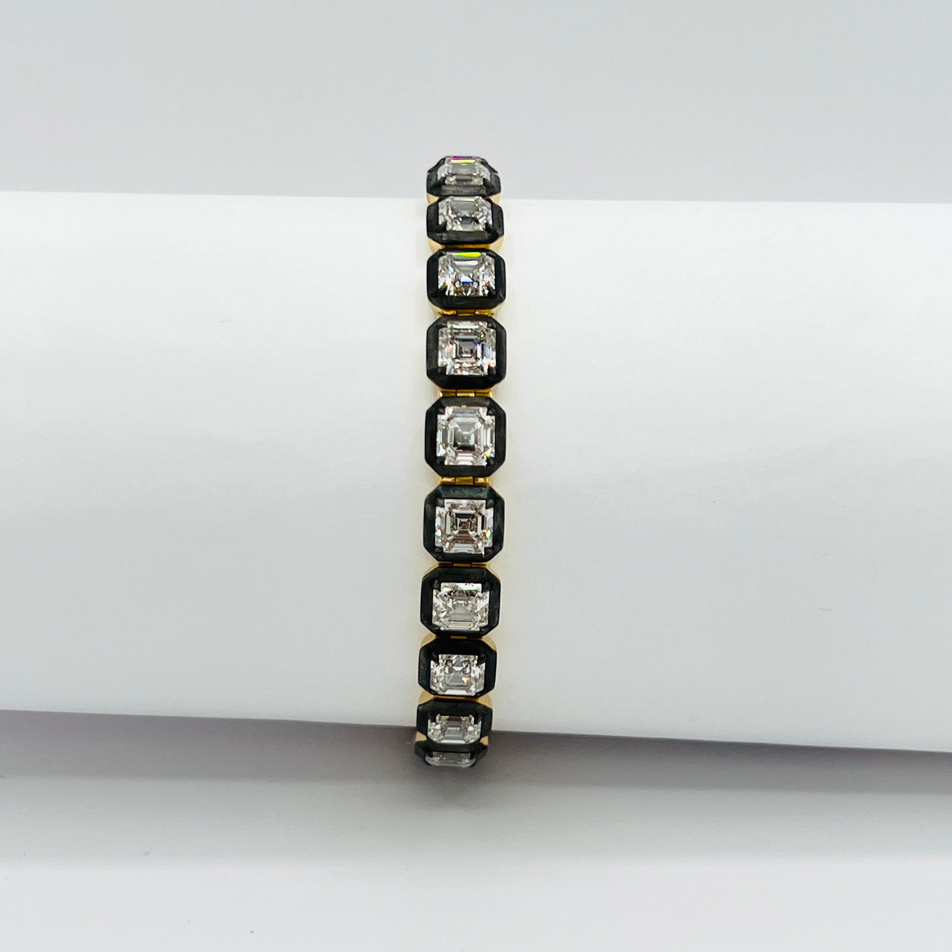 Bracelet en or jaune 18K et rhodium noir avec diamant asscher GIA Unisexe en vente