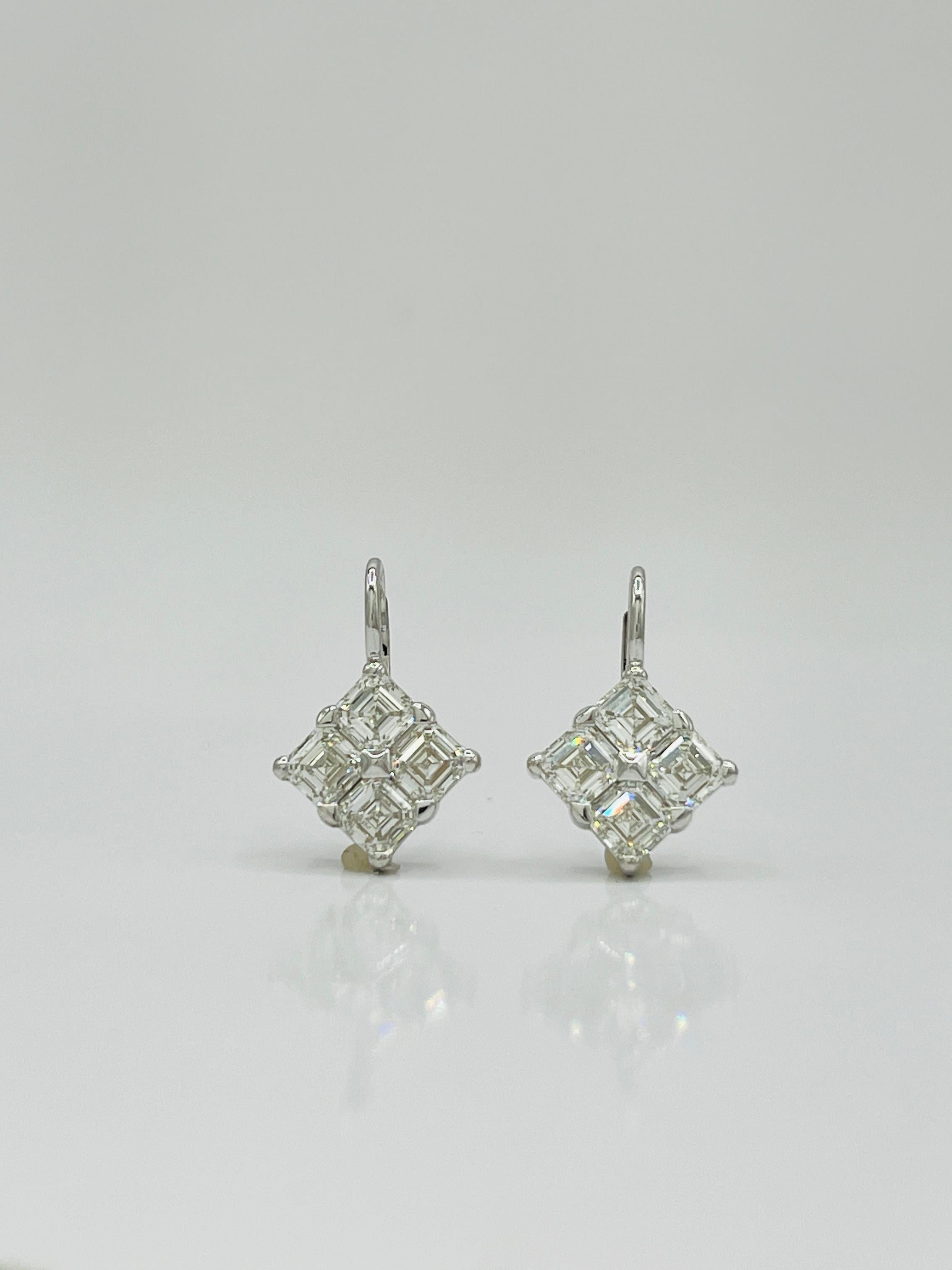 Women's or Men's GIA Asscher Cut Diamond Dangle Earrings in 18K White Gold For Sale