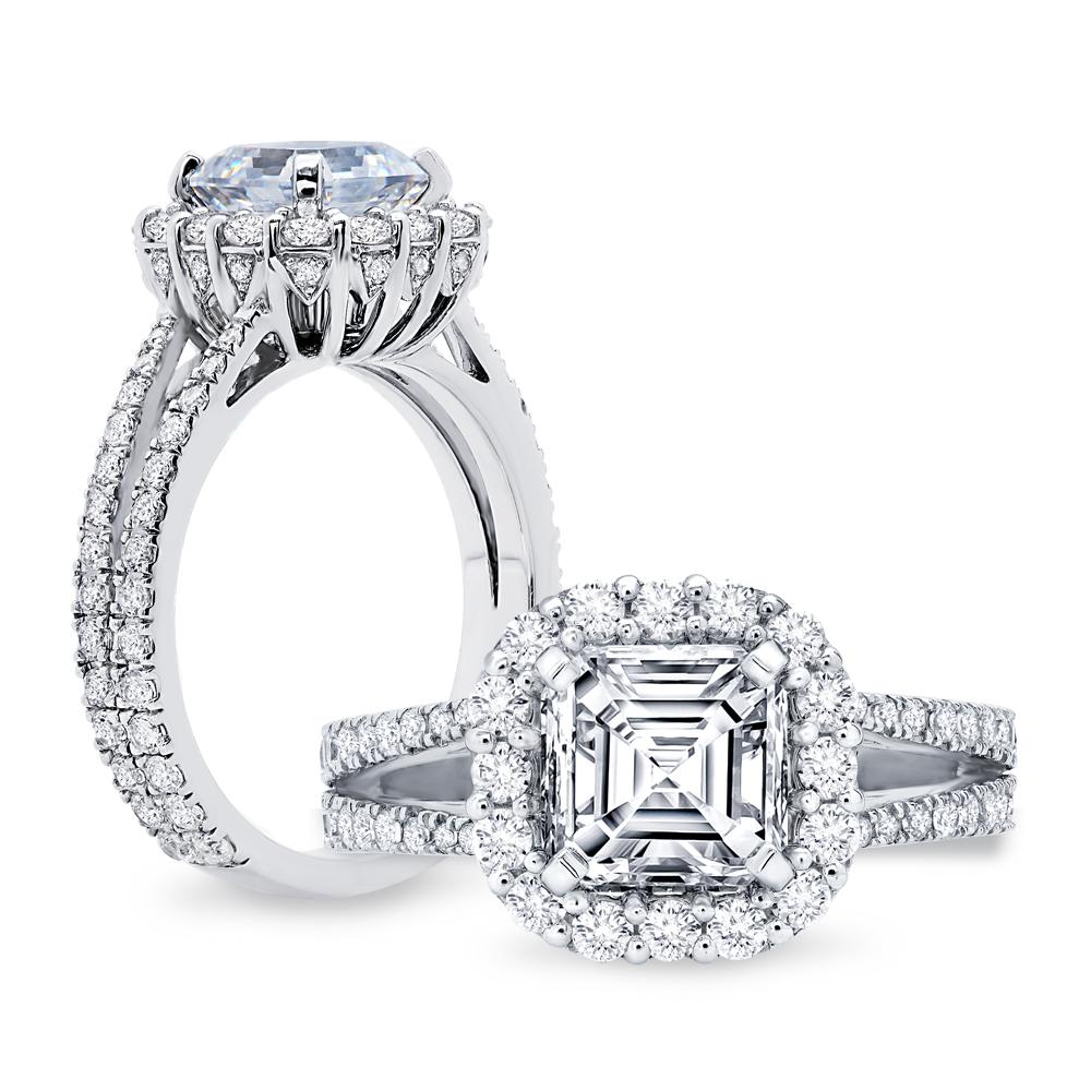 Center: 1 carat GIA Asscher cut
Side Diamonds: 0.80 carat F VS round cut
Total: 1.80 Carat

