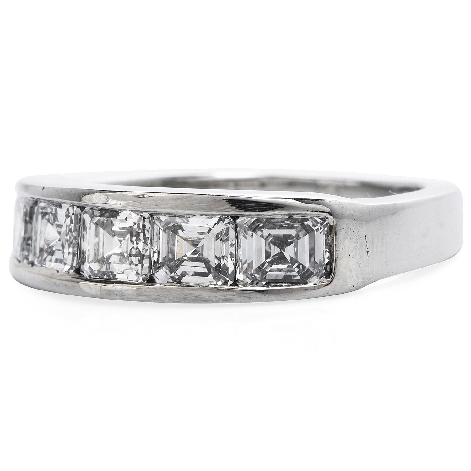High Quality Near Colorless Diamonds, for a magnificent wedding band ring, 

Crafted in solid Platinum, the center is adorned by 6 GIA certified Square Emerald cut- Asscher cut, Channel set, Diamonds, weighing approximately 1.59 carats, (D-G color