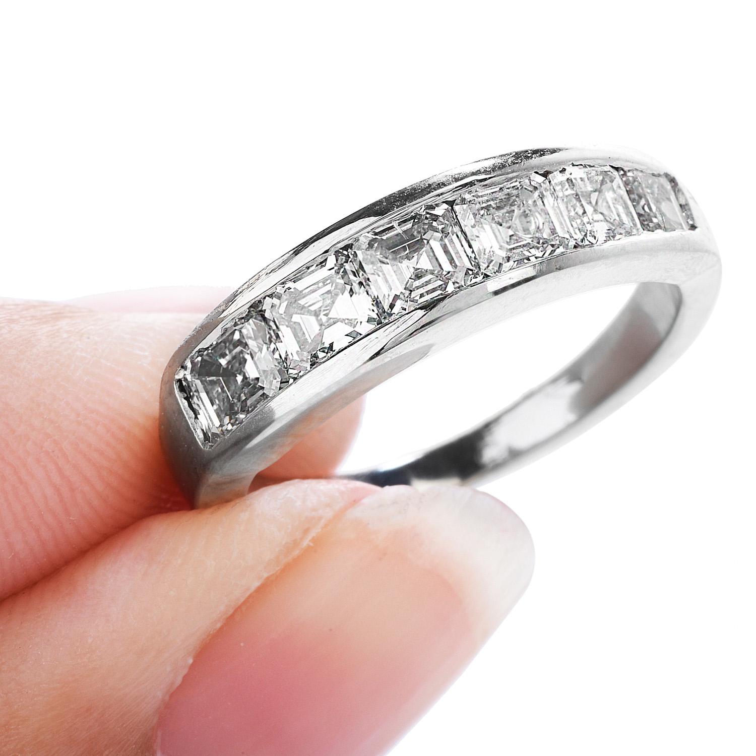 Women's or Men's GIA Asscher Cut Diamond Platinum Wedding Band Ring For Sale