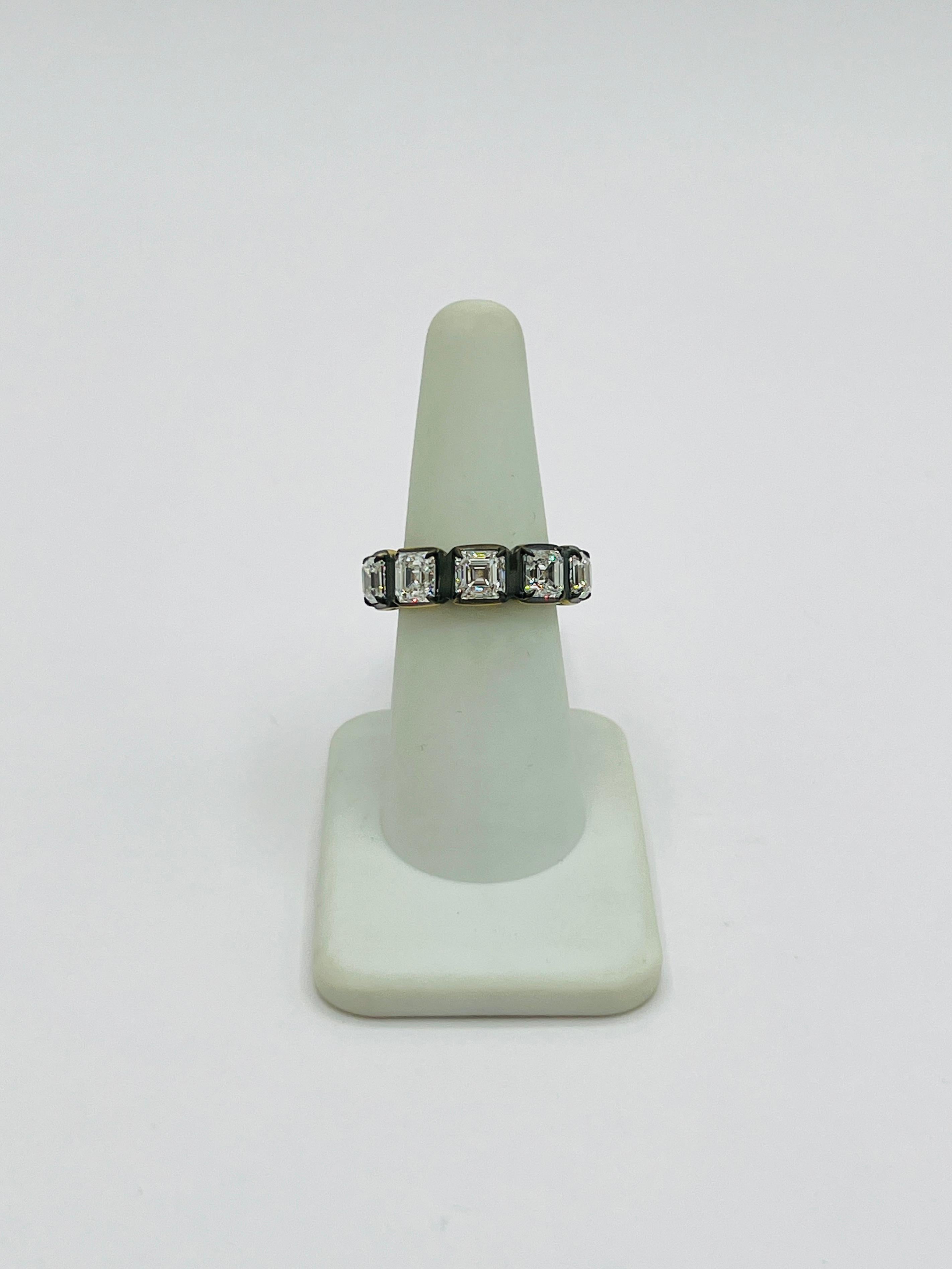 Women's or Men's GIA Asscher Cut White Diamond Eternity Band in 18K Yellow Gold & Black Rhodium For Sale