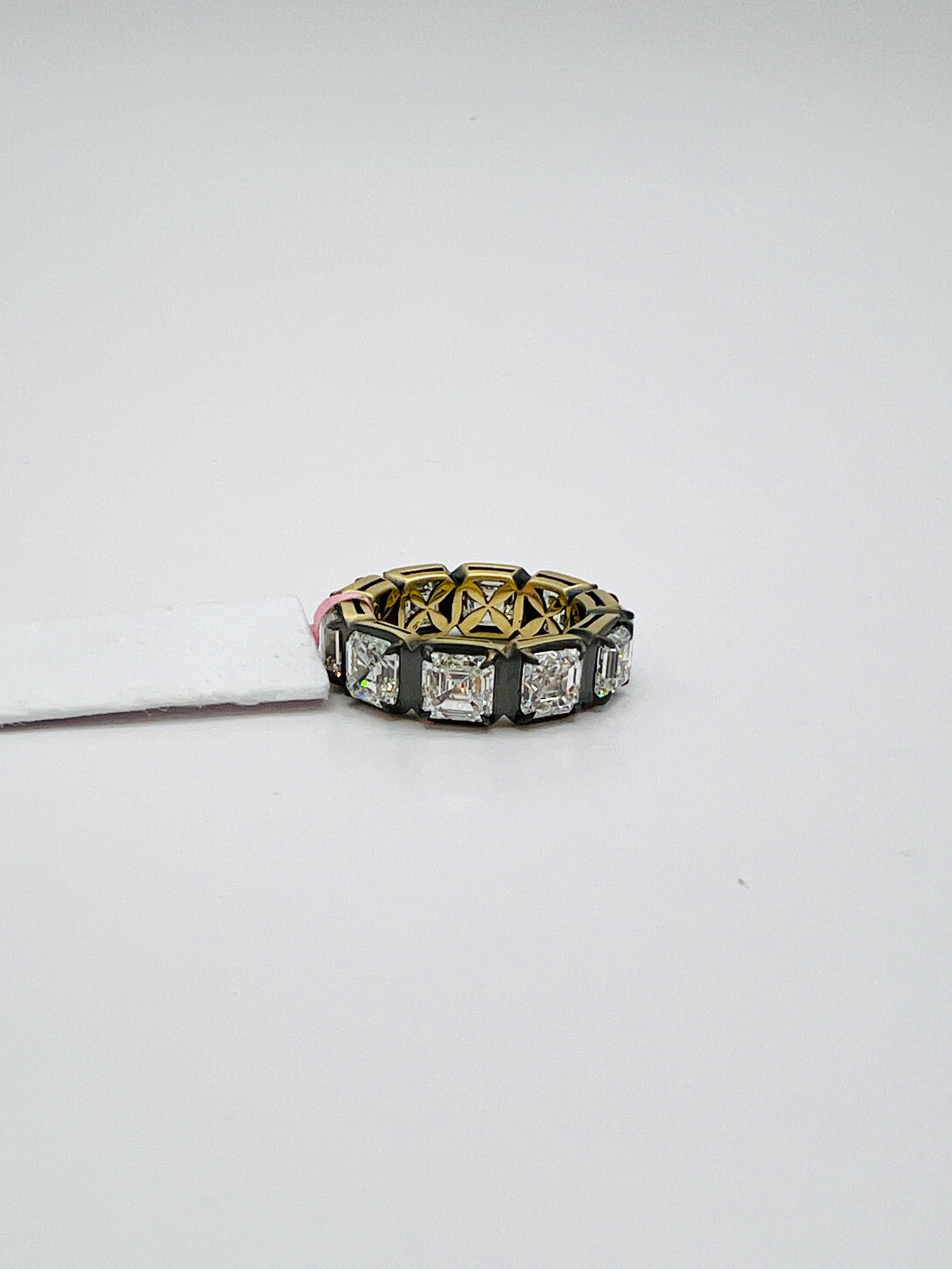 GIA Asscher Cut White Diamond Eternity Band in 18K Yellow Gold & Black Rhodium For Sale 1