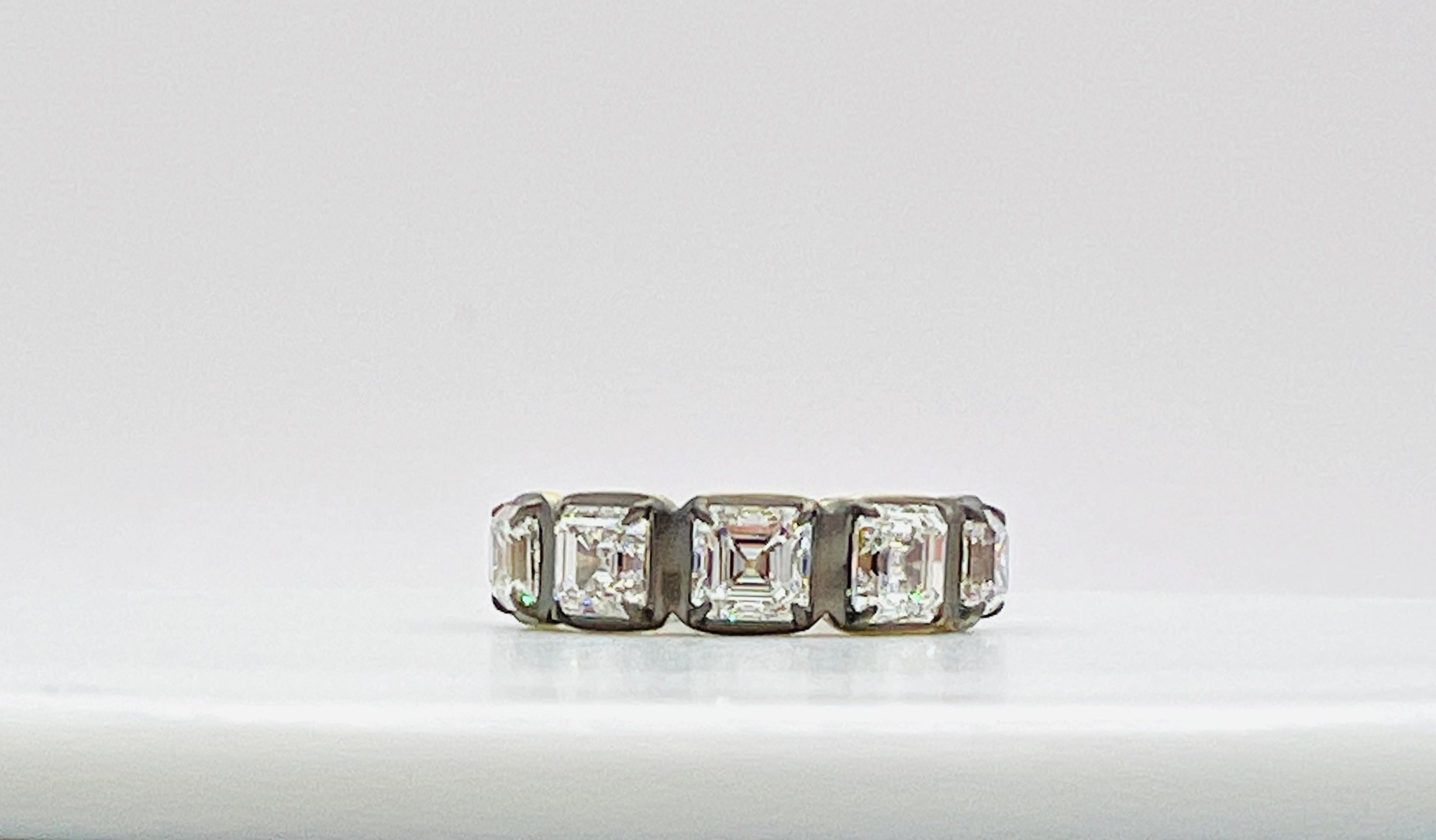 GIA Asscher Cut White Diamond Eternity Band in 18K Yellow Gold & Black Rhodium For Sale 3