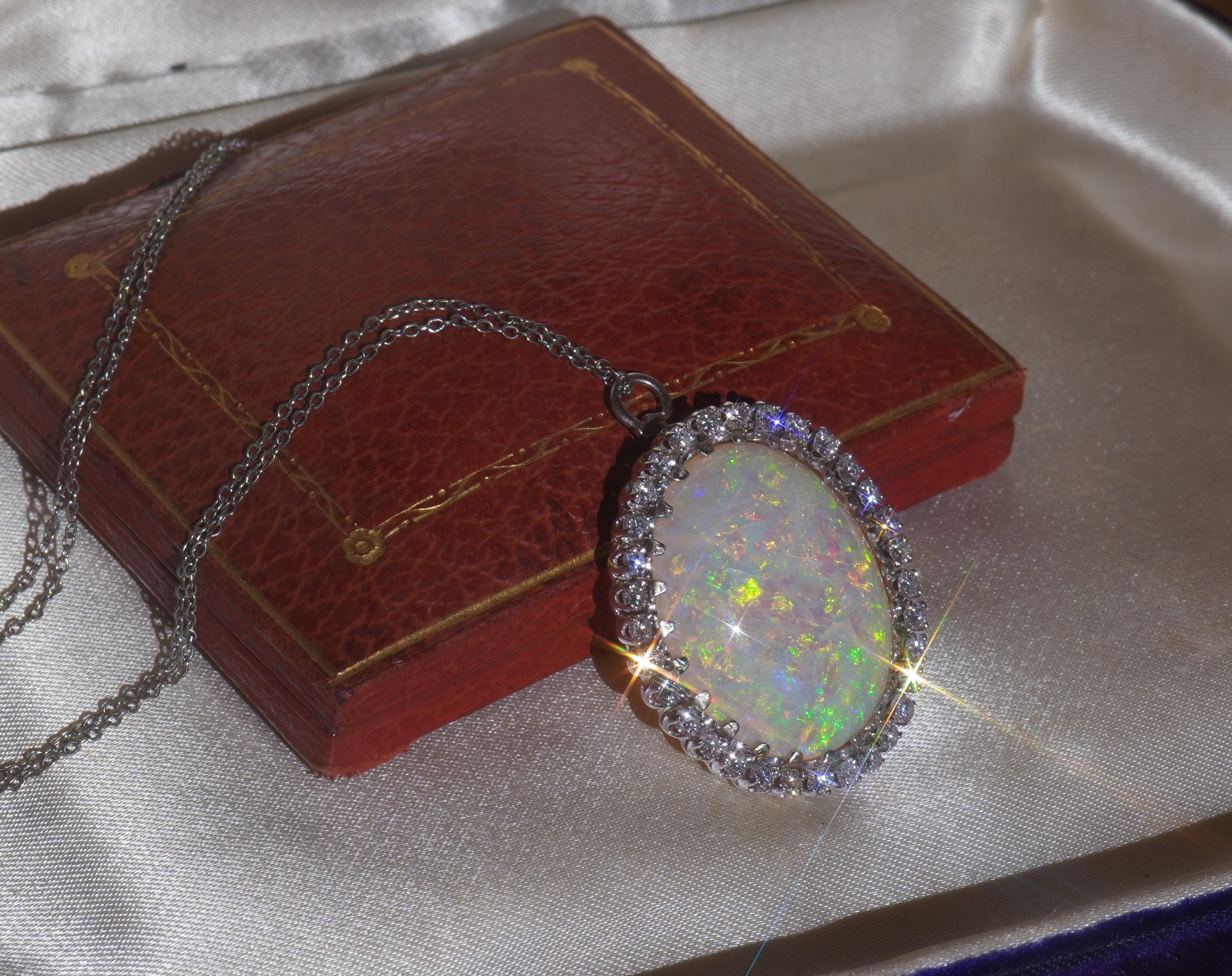 GIA Australian Opal Diamond Vintage 14K Pendant Solid Rainbow Huge 20.88 Carats! For Sale 5