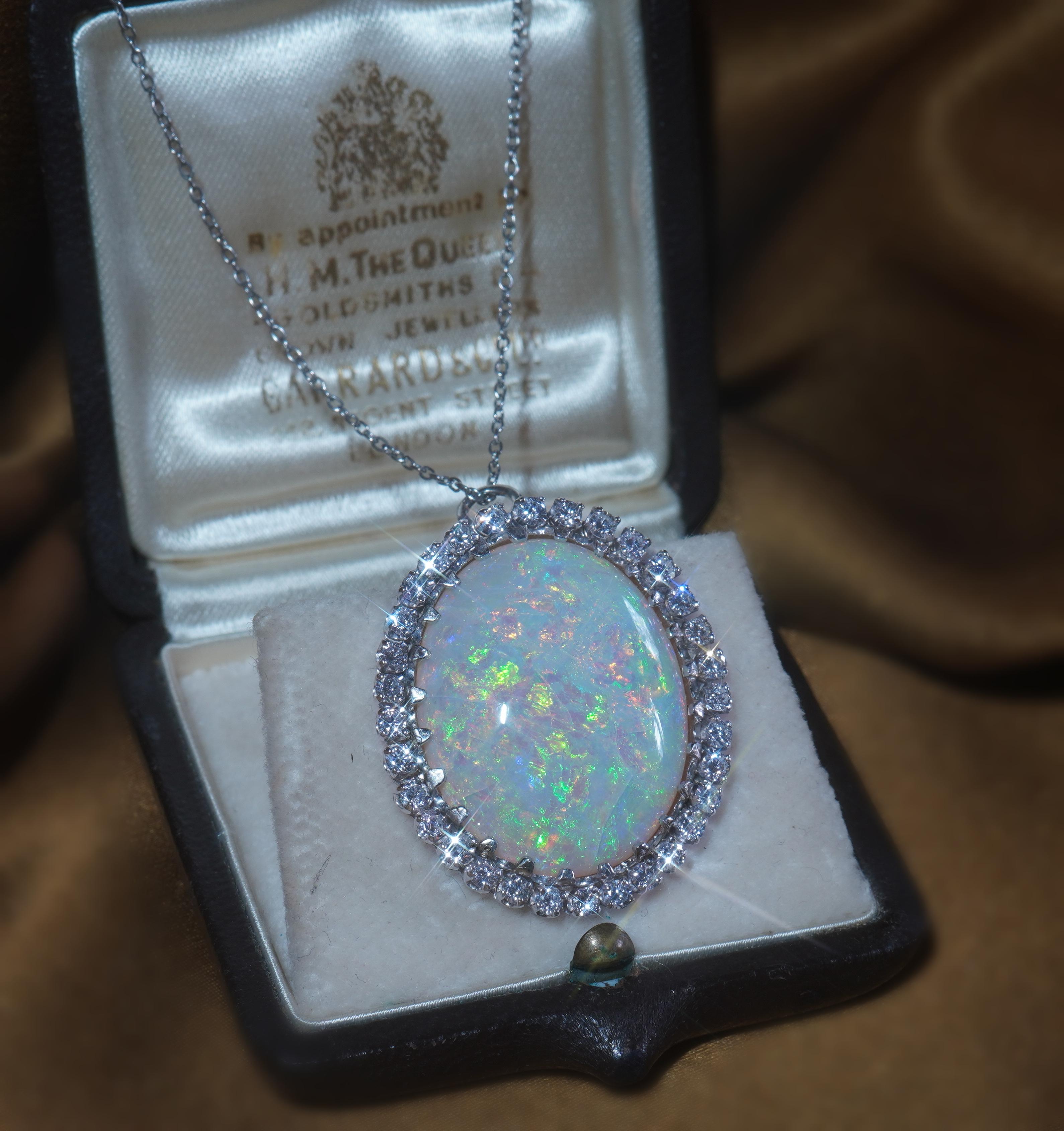 Cabochon GIA Australian Opal Diamond Vintage 14K Pendant Solid Rainbow Huge 20.88 Carats! For Sale