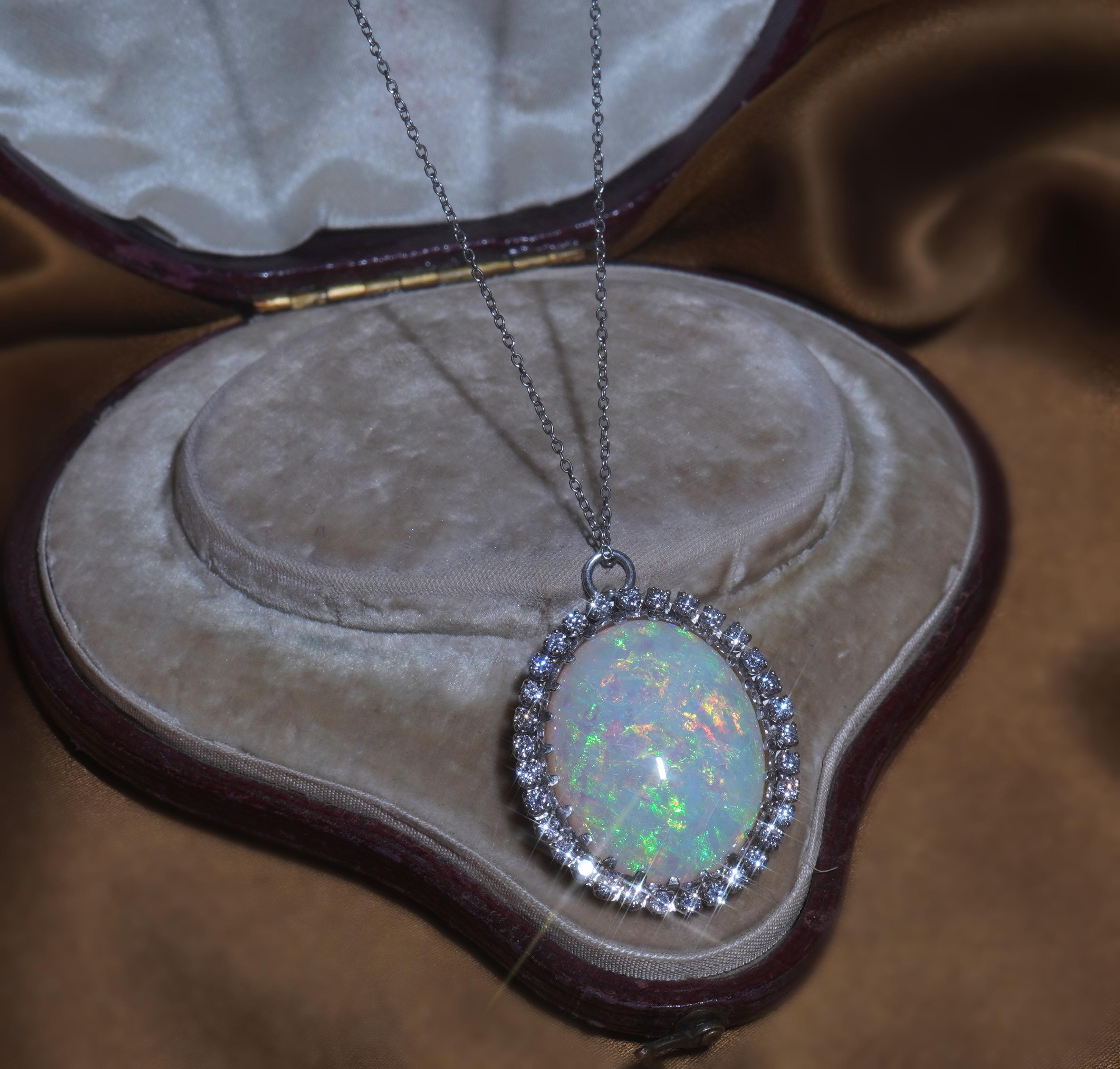GIA Australian Opal Diamond Vintage 14K Pendant Solid Rainbow Huge 20.88 Carats! In Good Condition For Sale In Sylvania, GA