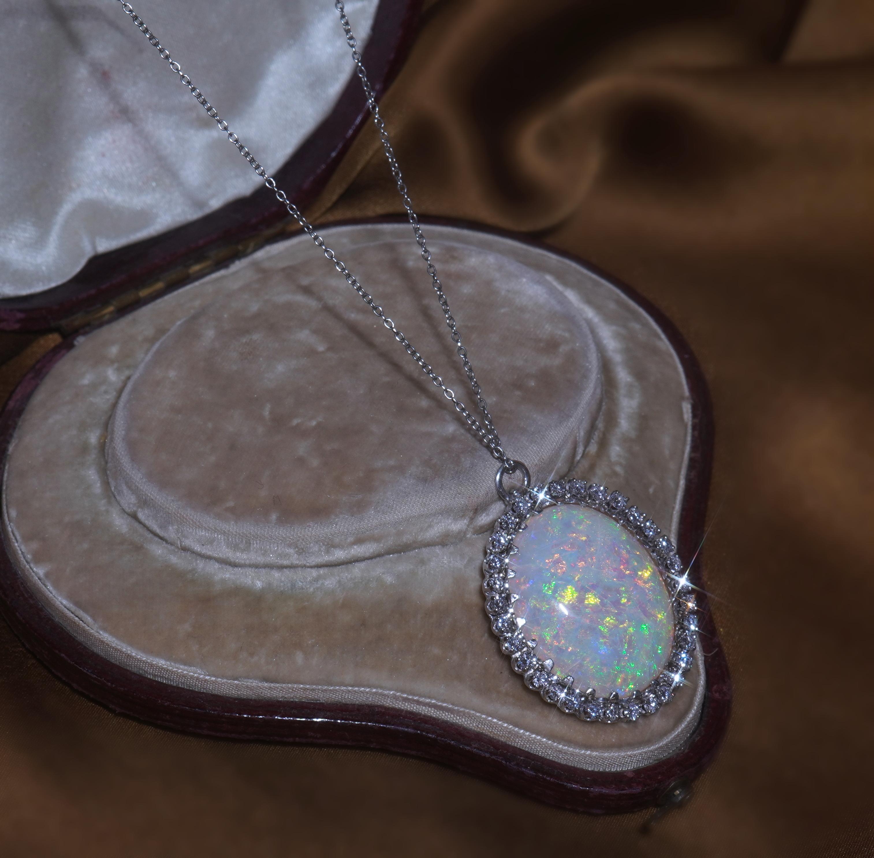 Women's GIA Australian Opal Diamond Vintage 14K Pendant Solid Rainbow Huge 20.88 Carats! For Sale