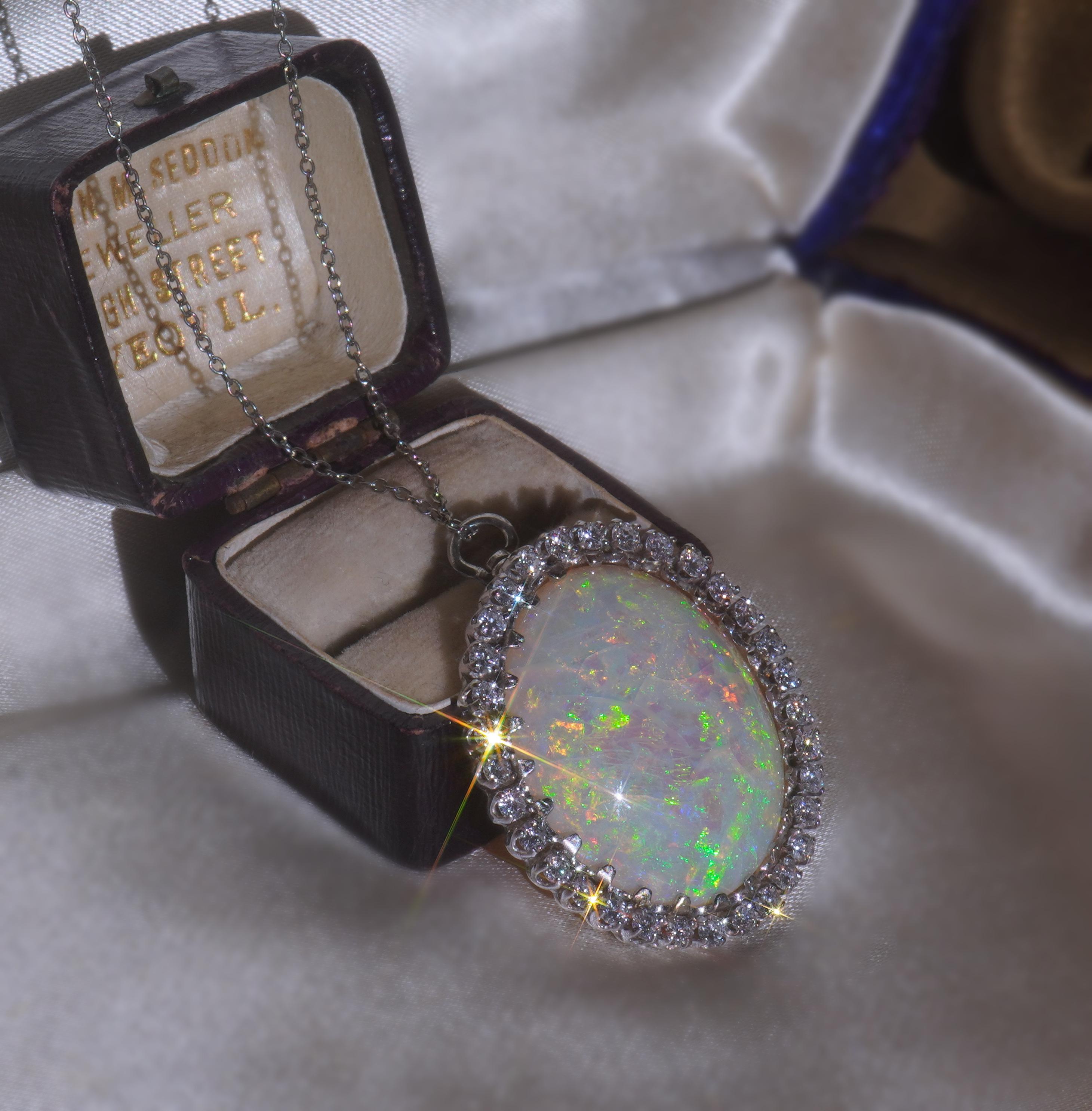 GIA Australian Opal Diamond Vintage 14K Pendant Solid Rainbow Huge 20.88 Carats! For Sale 1