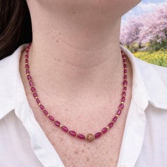 GIA Bead Ruby Strand 20" Necklace w/ 18k Yellow Gold Spacers Center Ball & Clasp
