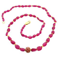GIA Bead Ruby Strand 20" Necklace w/ 18k Yellow Gold Spacers Center Ball & Clasp