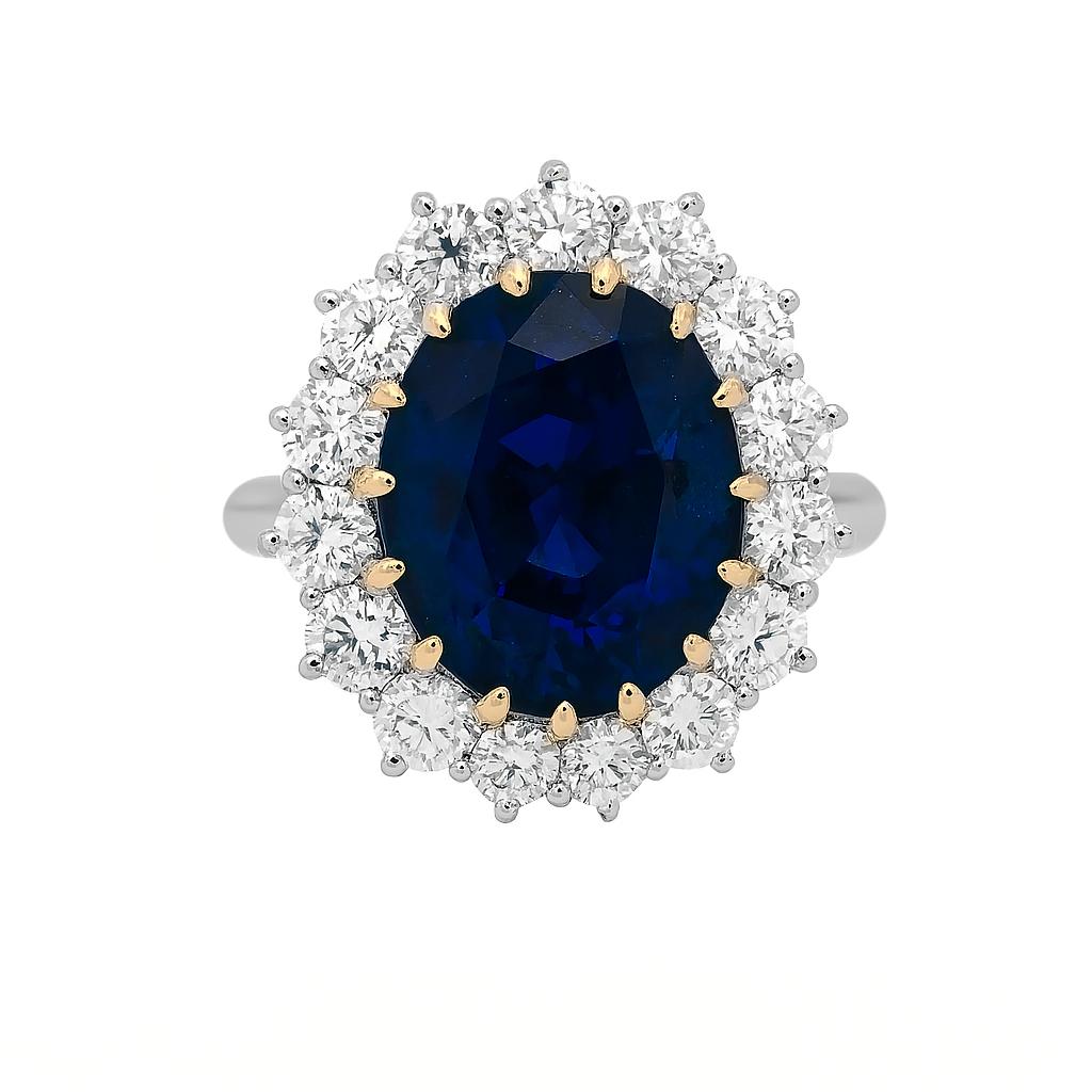 GIA & Bellerophon zertifizierter 11,32 Karat Diamantring mit intensivem blauem Saphir (Ovalschliff) im Angebot