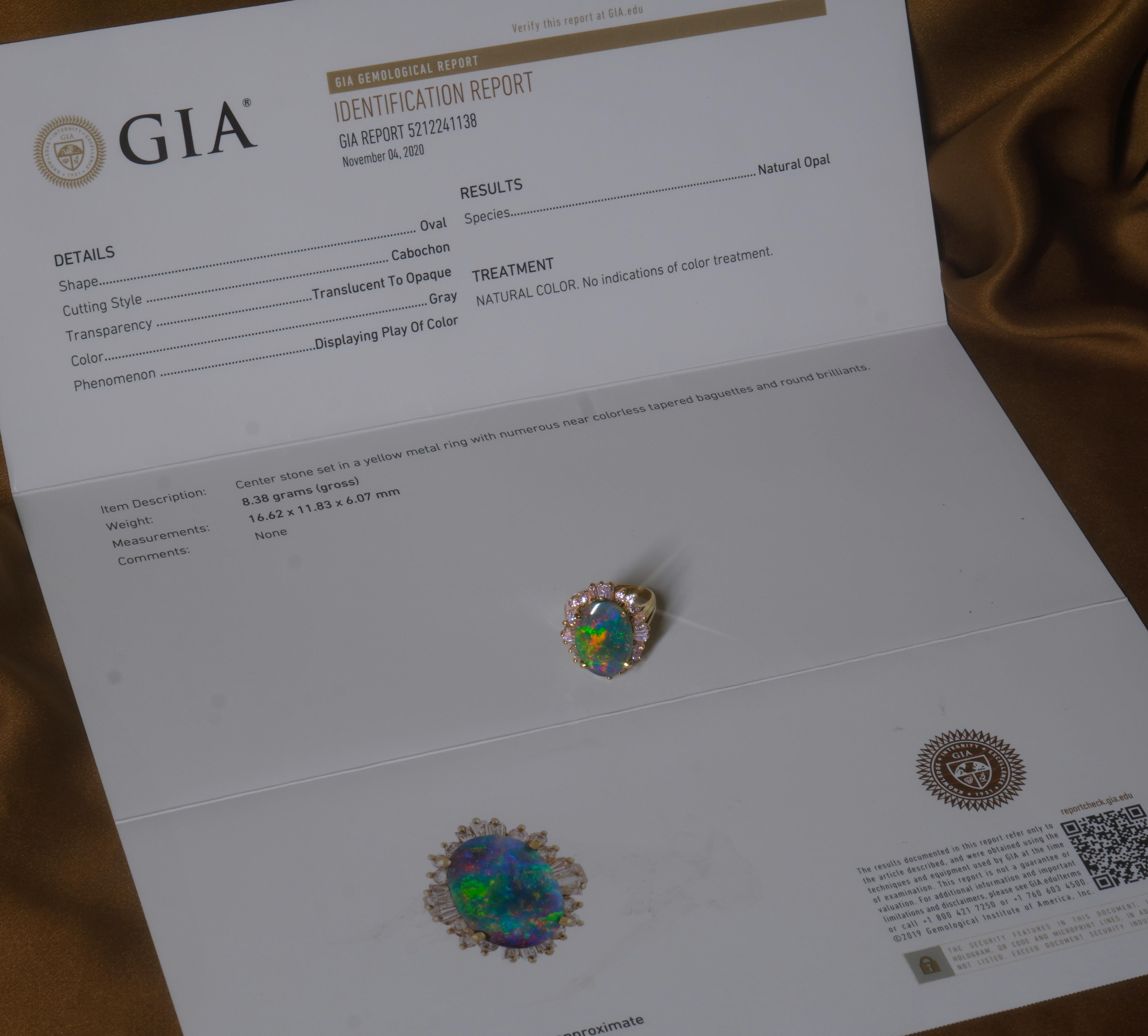 Old South Jewels proudly presents...LUXURY HUGE GIA CERTIFIED SOLID AUSTRALIAN BLACK OPAL & DIAMOND VINTAGE 14K RING!   FINE EARTH-MINED HUGE 8.96 CARAT AUSTRALIAN SOLID OPAL, WITH LOTS OF GORGEOUS BRIGHT FIRE.    CROWNED WITH 1.92 CARATS SPARKLING