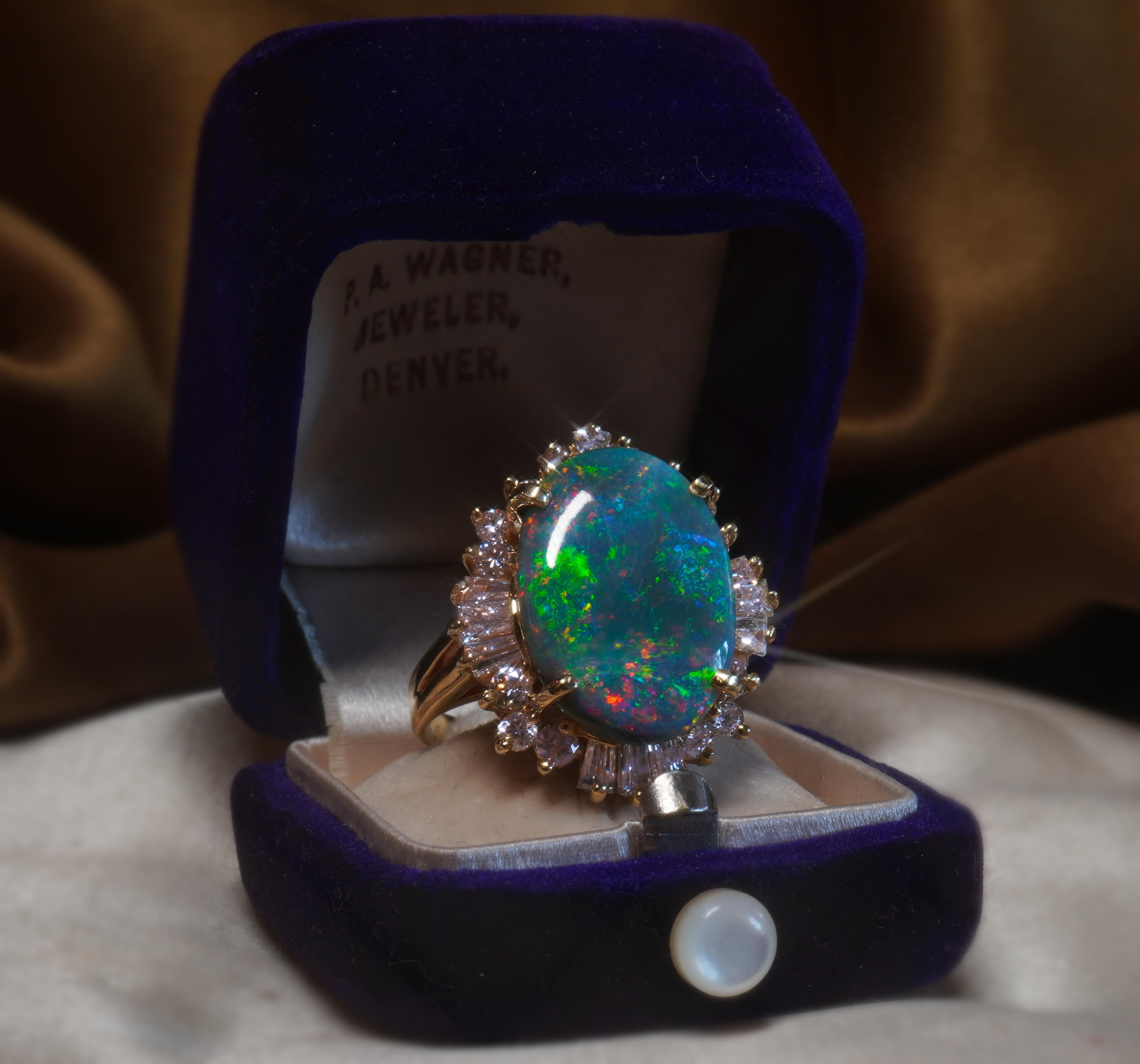 Oval Cut GIA Black Opal Australian Diamond Vintage Ring 14K Solid Rainbow Fine 8.96 CTS