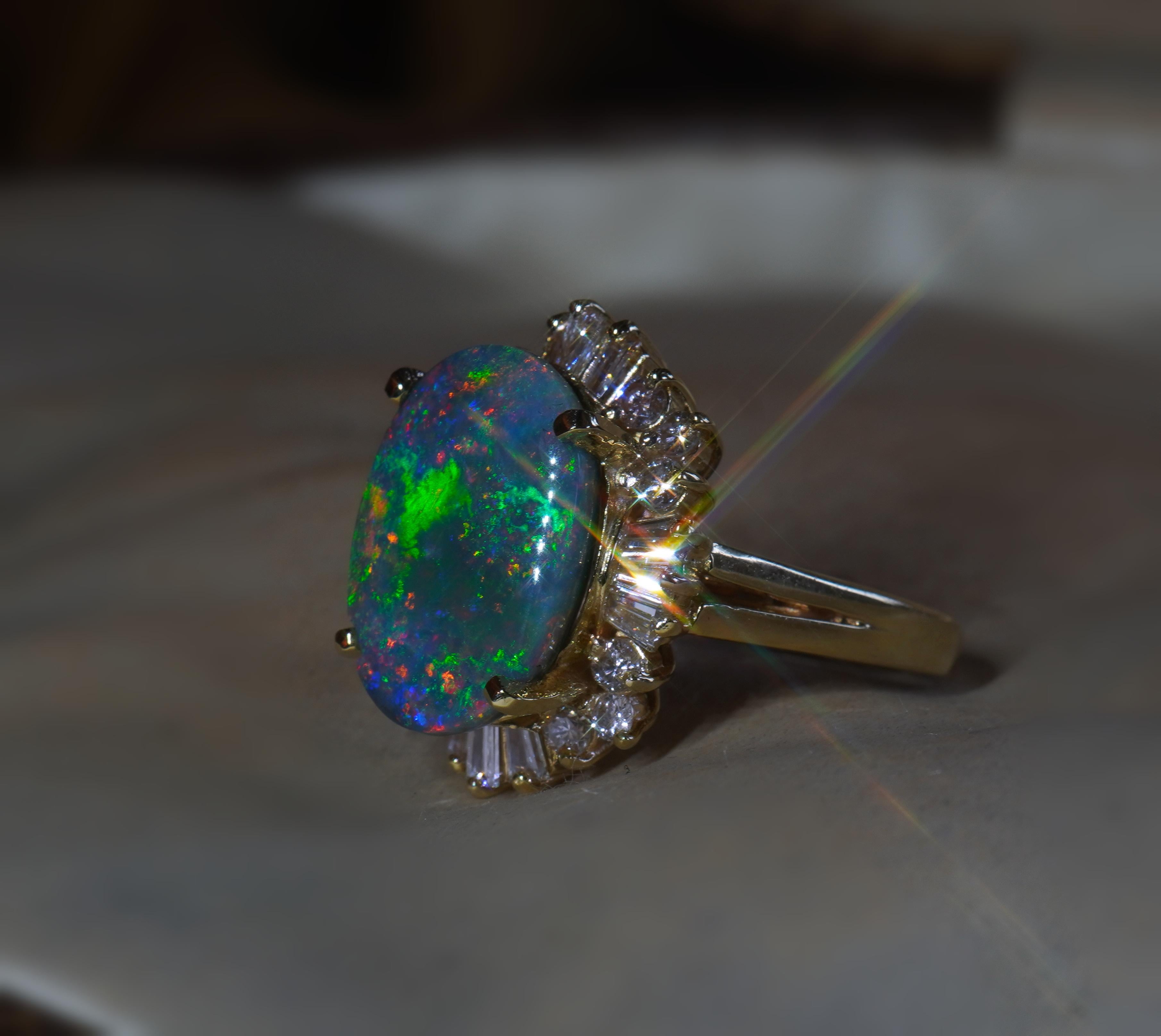GIA Black Opal Australian Diamond Vintage Ring 14K Solid Rainbow Fine 8.96 CTS 3