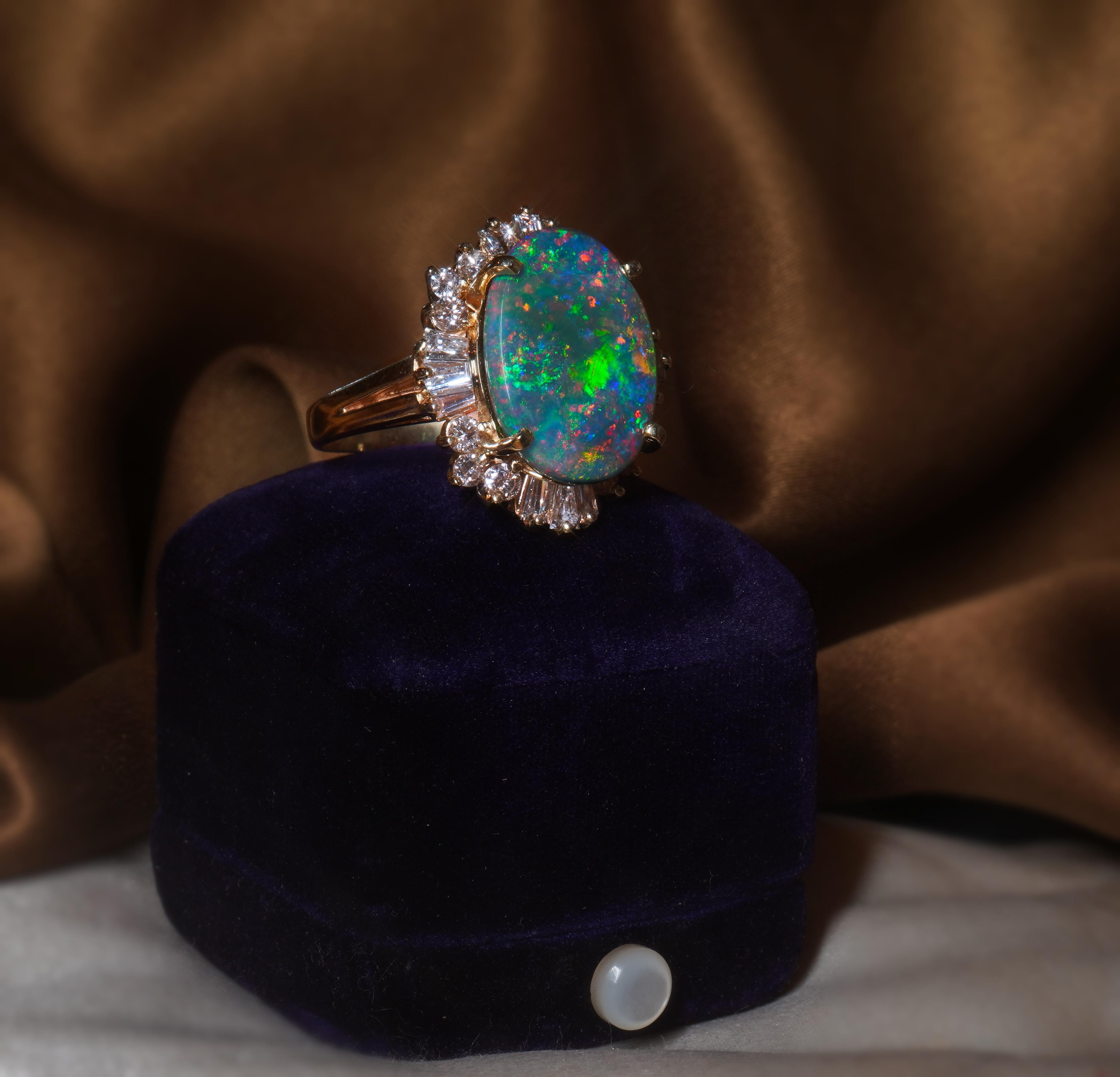 GIA Black Opal Australian Diamond Vintage Ring 14K Solid Rainbow Fine 8.96 CTS