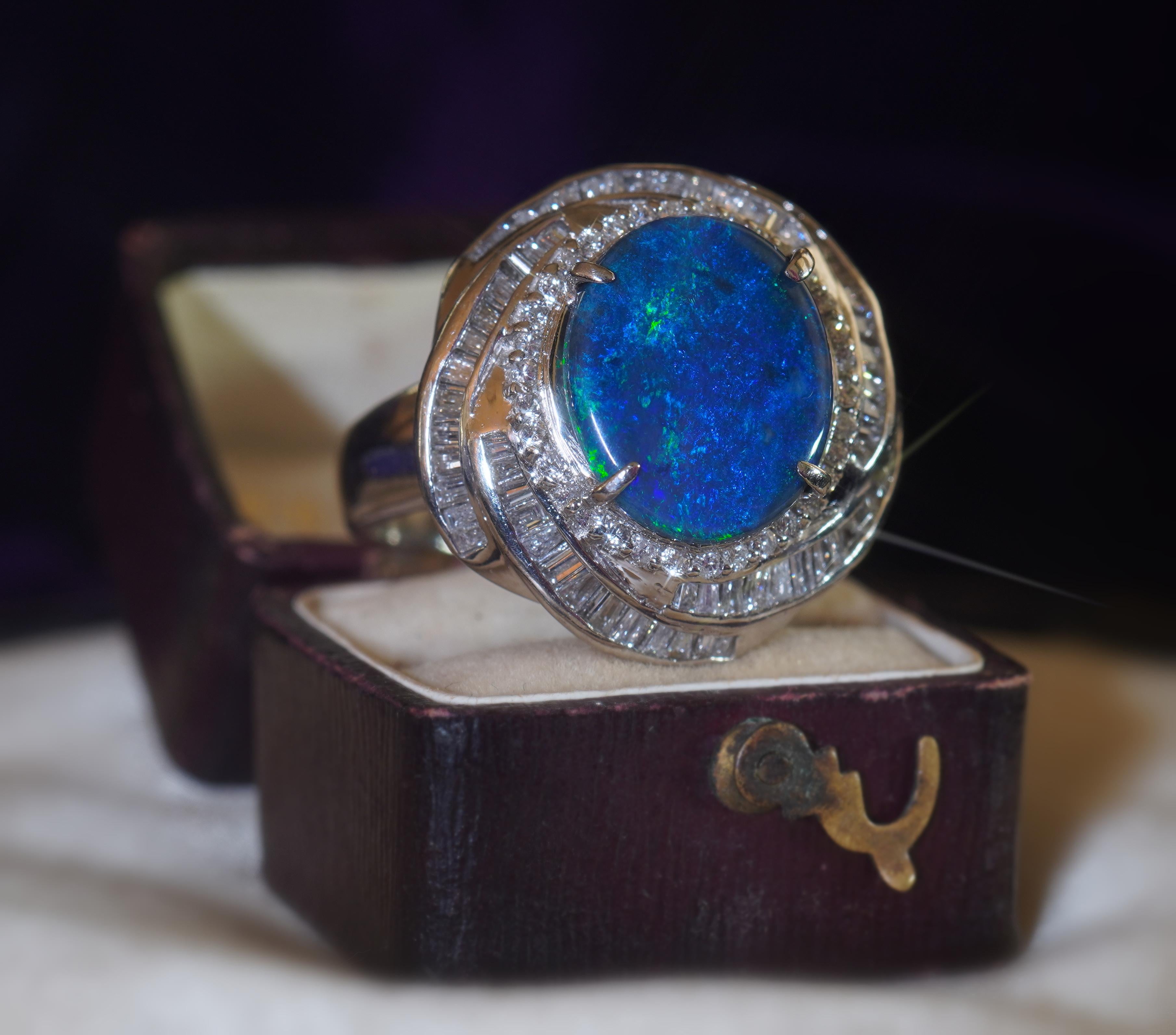 GIA Black Opal Australian Platinum Diamond Vintage Ring Fire Solid Huge 6.79 CTS For Sale 1