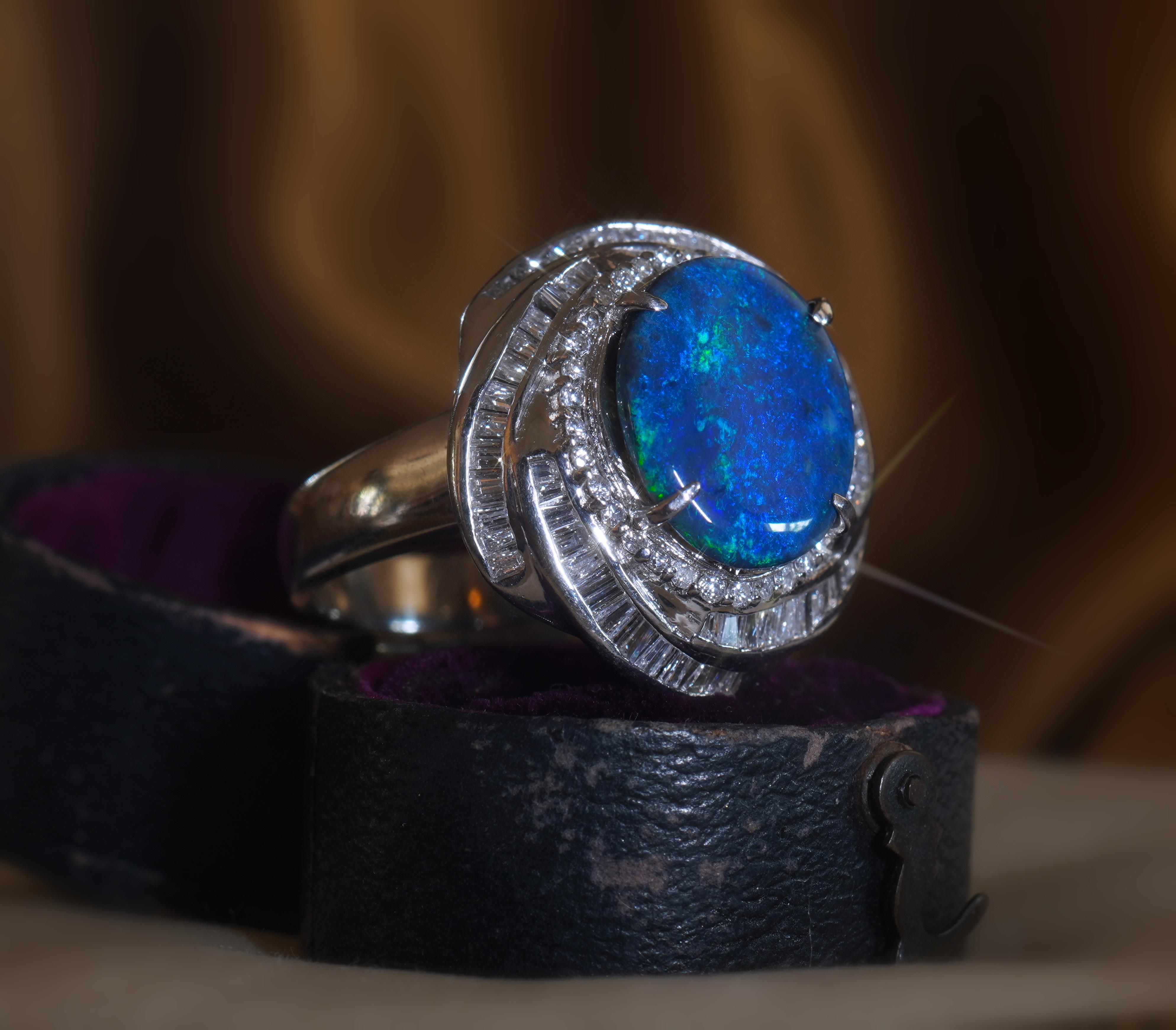 GIA Black Opal Australian Platinum Diamond Vintage Ring Fire Solid Huge 6.79 CTS For Sale 3