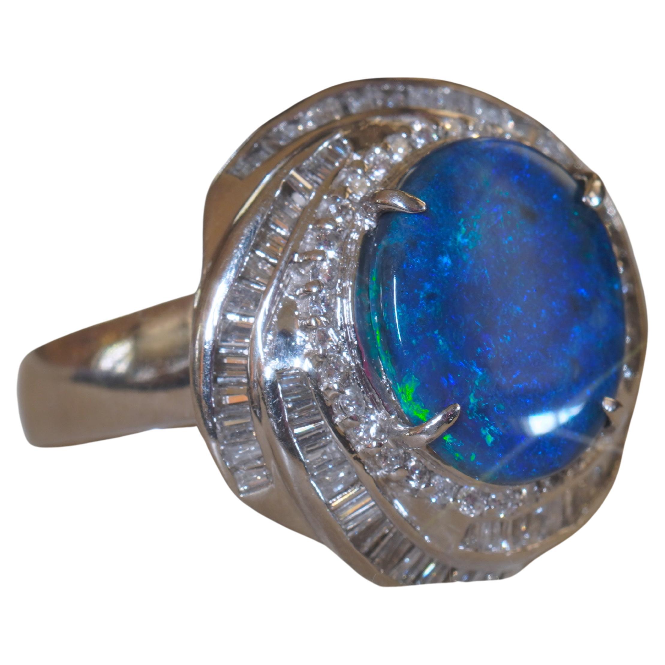 GIA Black Opal Australian Platinum Diamond Vintage Ring Fire Solid Huge 6.79 CTS For Sale