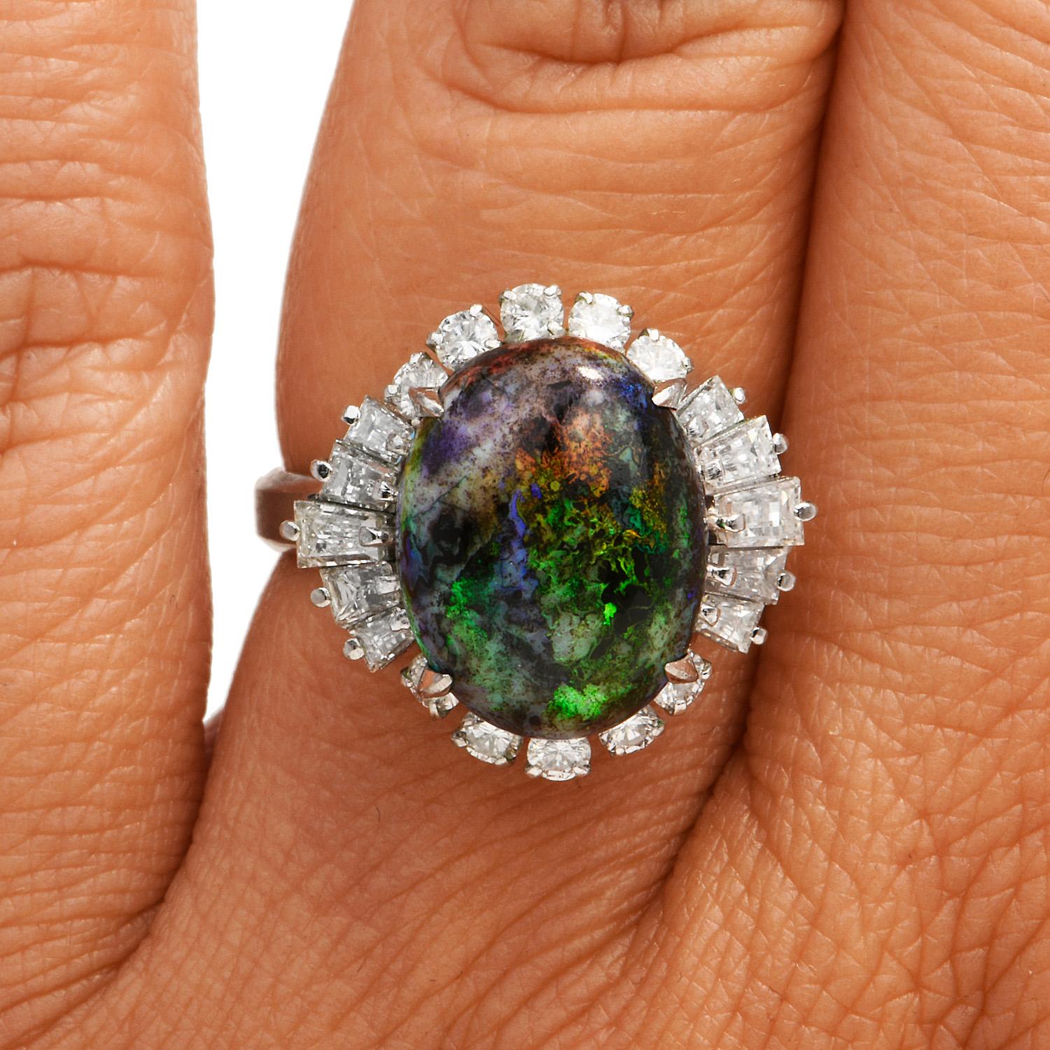 Men's GIA Black Opal Diamond Platinum Ballerina Cocktail Ring