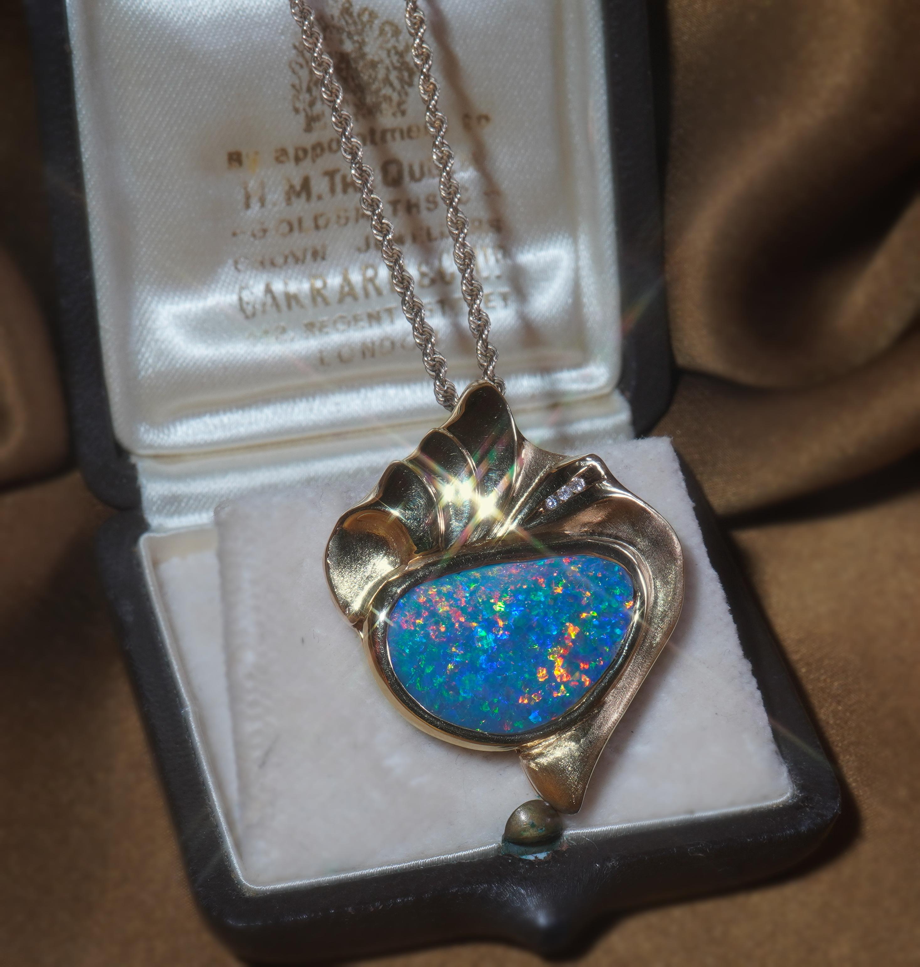 GIA Black Opal Vintage Pendant 14K Australian Natural Rainbow Huge Fine 5.53 CTS In Good Condition For Sale In Sylvania, GA