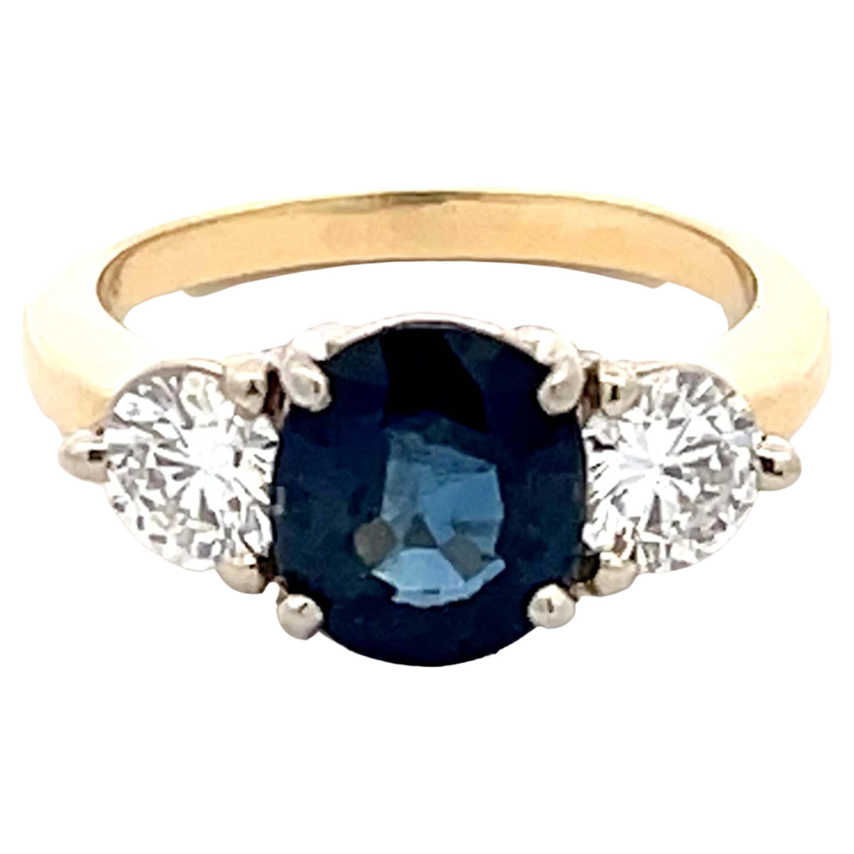 GIA Blue Sapphire and Diamond Ring 14K Yellow Gold For Sale