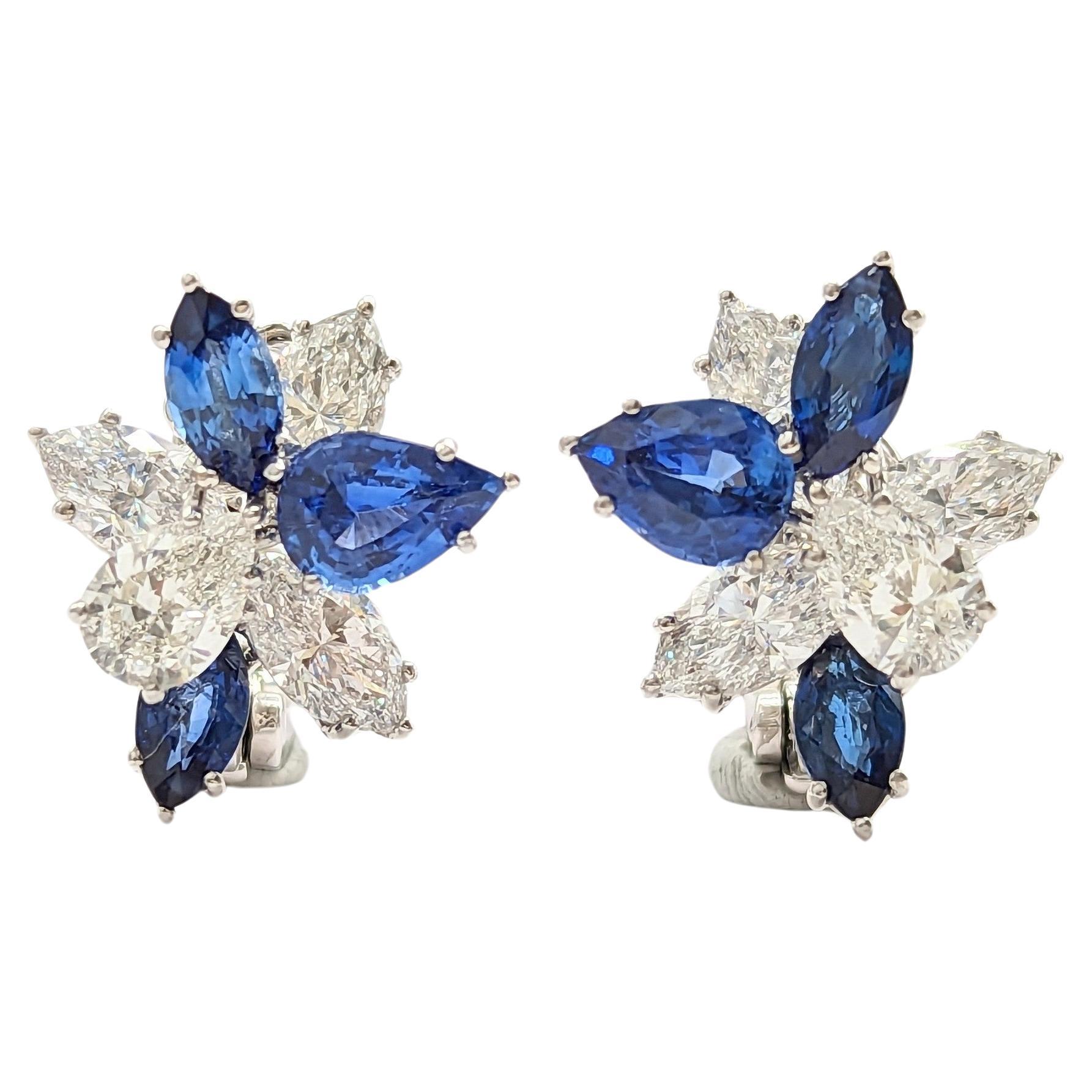 GIA Blue Sapphire and White Diamond Cluster Earrings in 18K White Gold