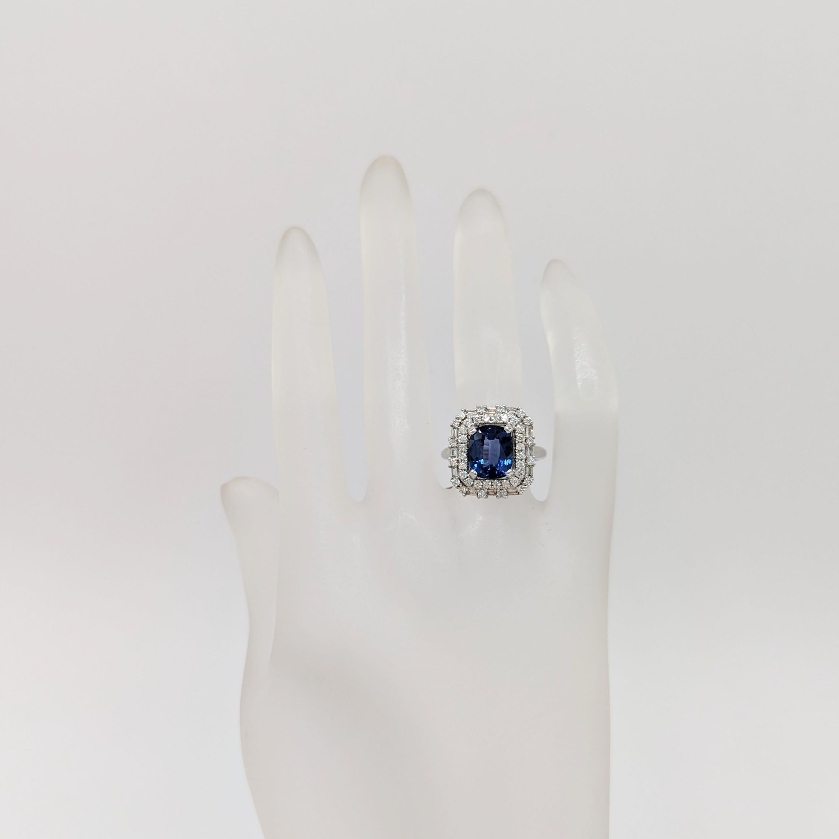 Cushion Cut GIA Blue Sapphire Cushion and White Diamond Cocktail Ring in 14K White Gold For Sale