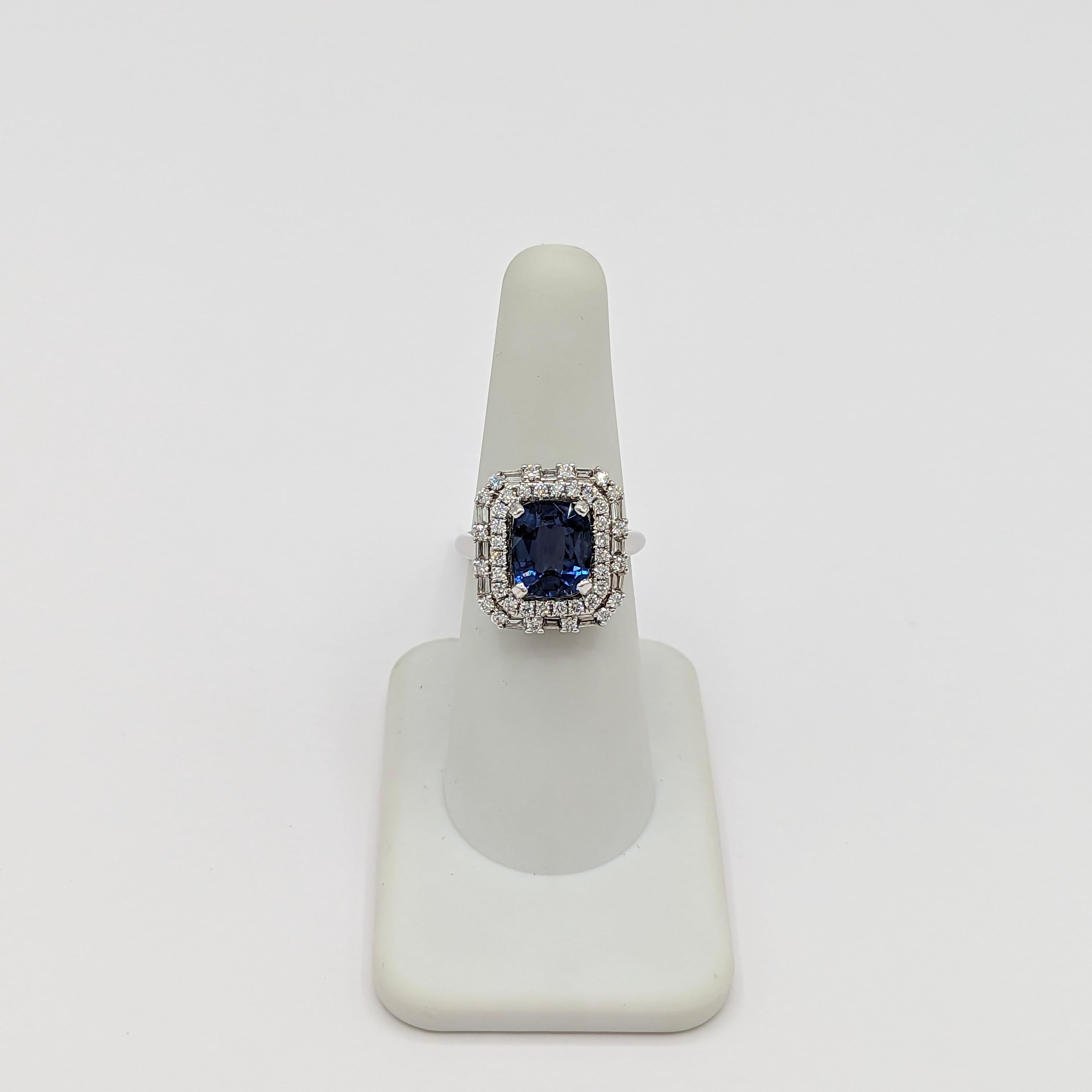 GIA Blue Sapphire Cushion and White Diamond Cocktail Ring in 14K White Gold In New Condition For Sale In Los Angeles, CA