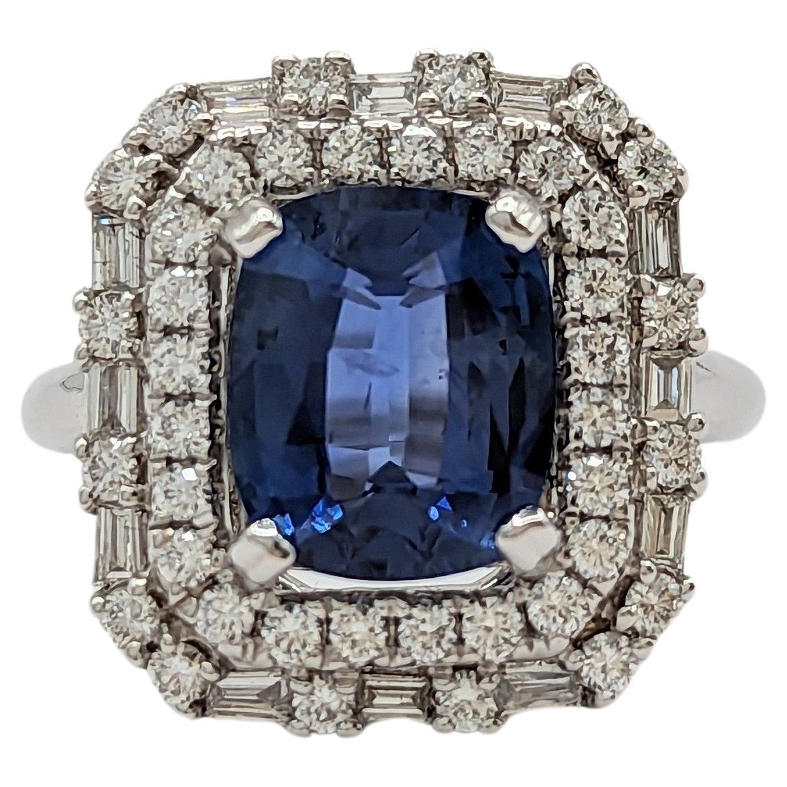 GIA Blue Sapphire Cushion and White Diamond Cocktail Ring in 14K White Gold For Sale