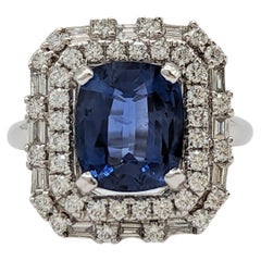 GIA Blue Sapphire Cushion and White Diamond Cocktail Ring in 14K White Gold