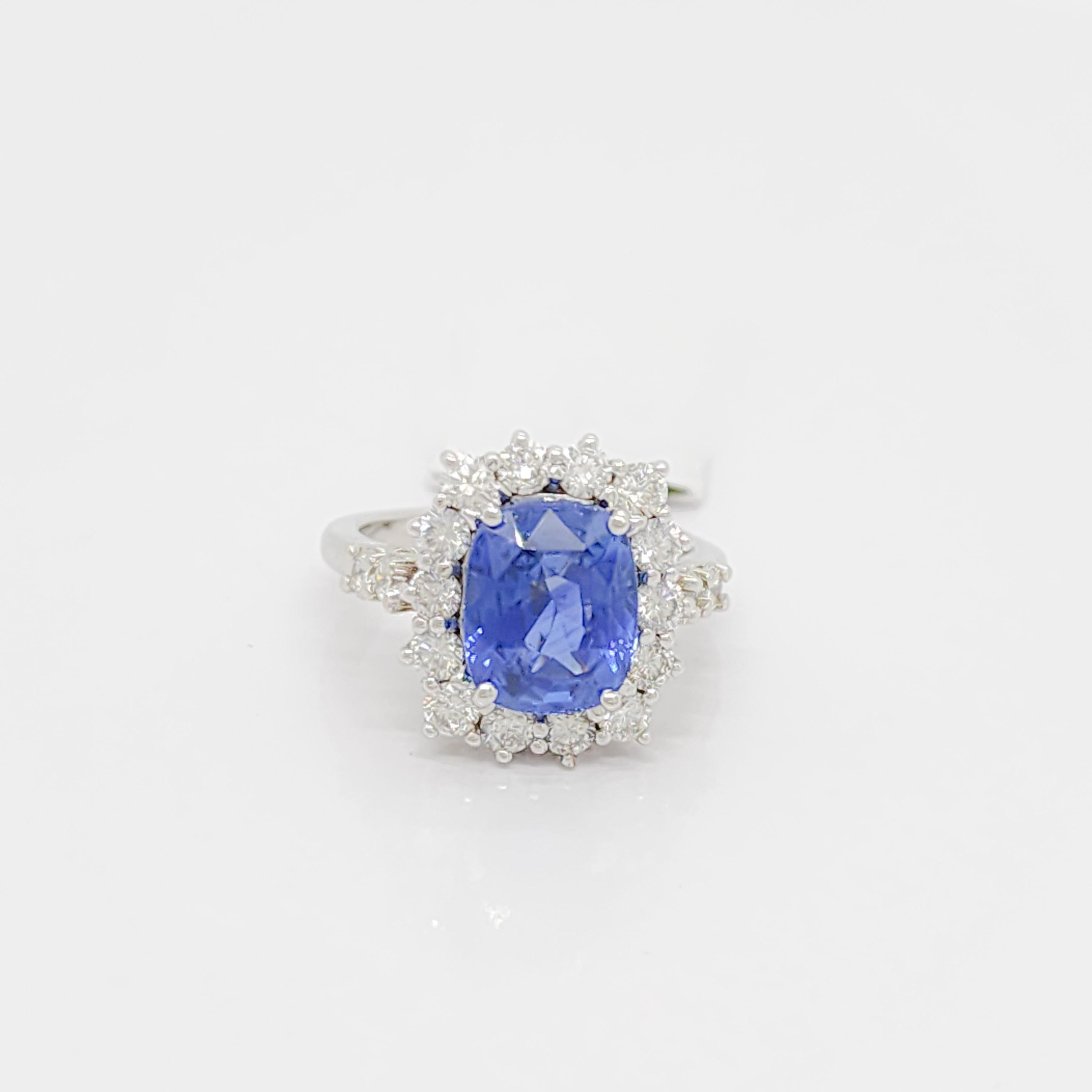 GIA Blue Sapphire Cushion and White Diamond Cocktail Ring in 18k White Gold In New Condition For Sale In Los Angeles, CA