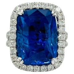 GIA Blue Sapphire Elongated Cushion and White Diamond Cocktail Ring in Platinum