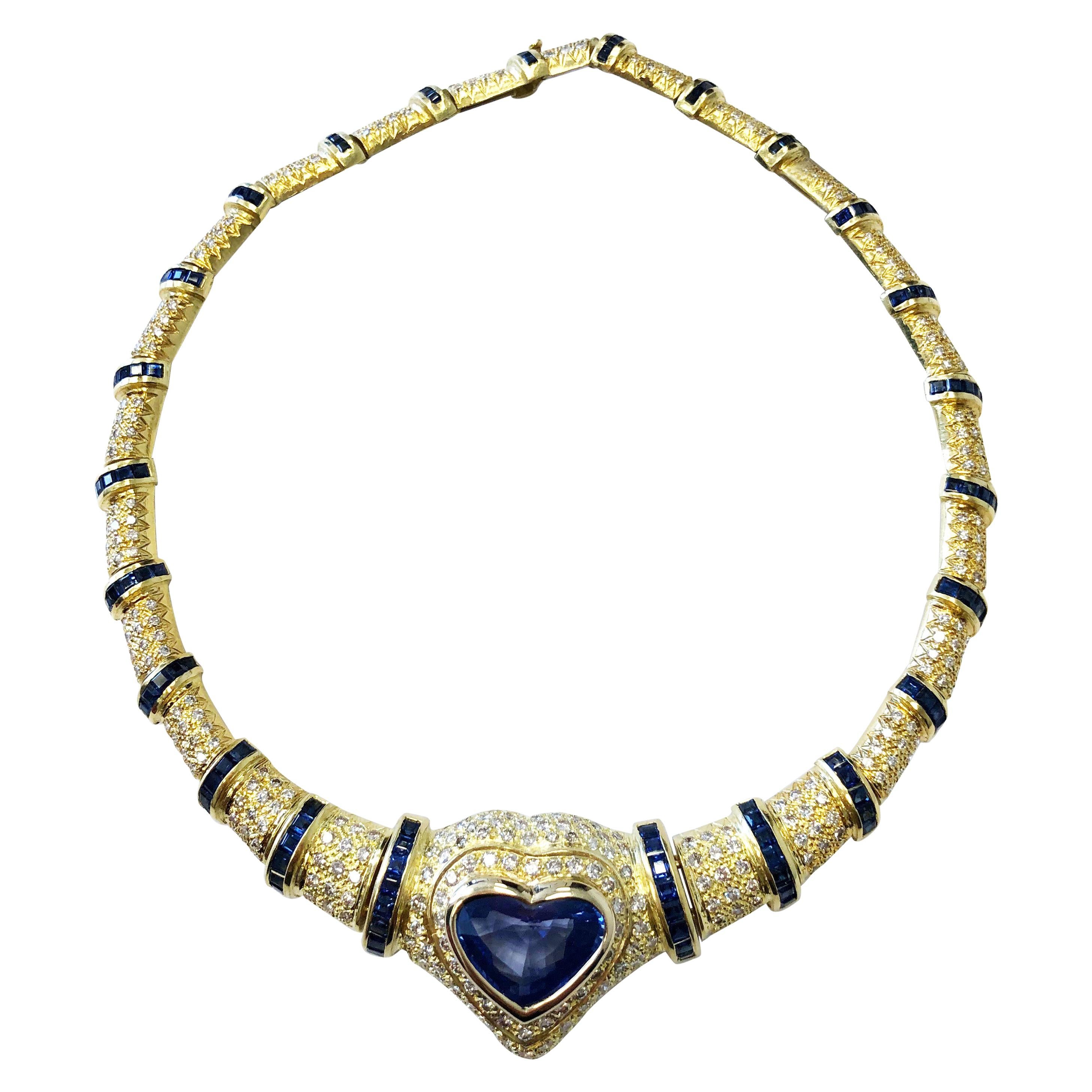 GIA Blue Sapphire Heart and White Diamond Necklace in 18 Karat Yellow Gold