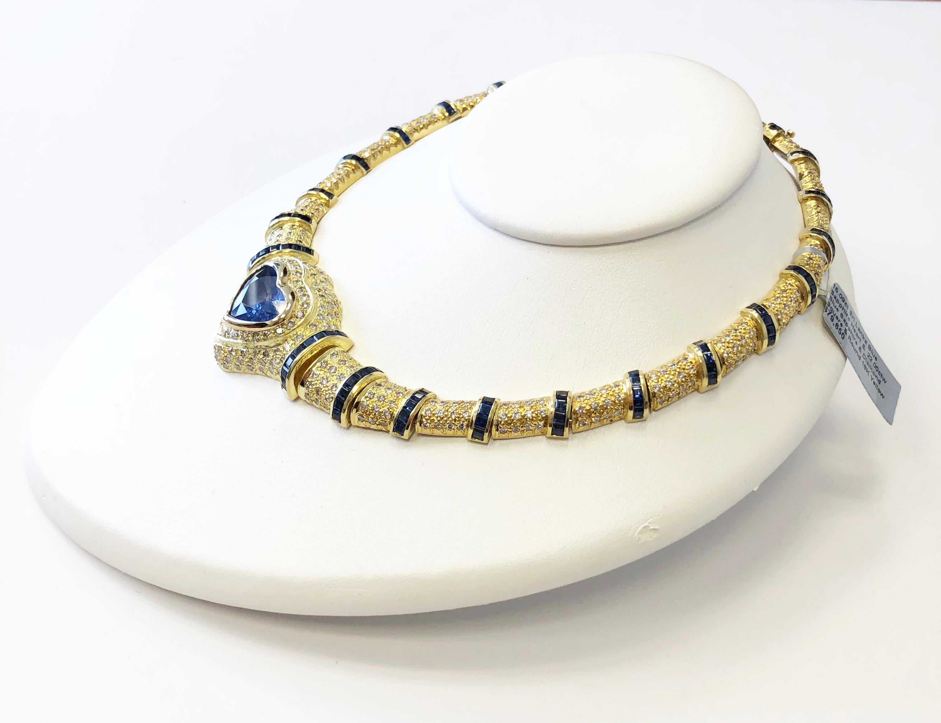 Women's or Men's GIA Blue Sapphire Heart and White Diamond Necklace in 18 Karat Yellow Gold