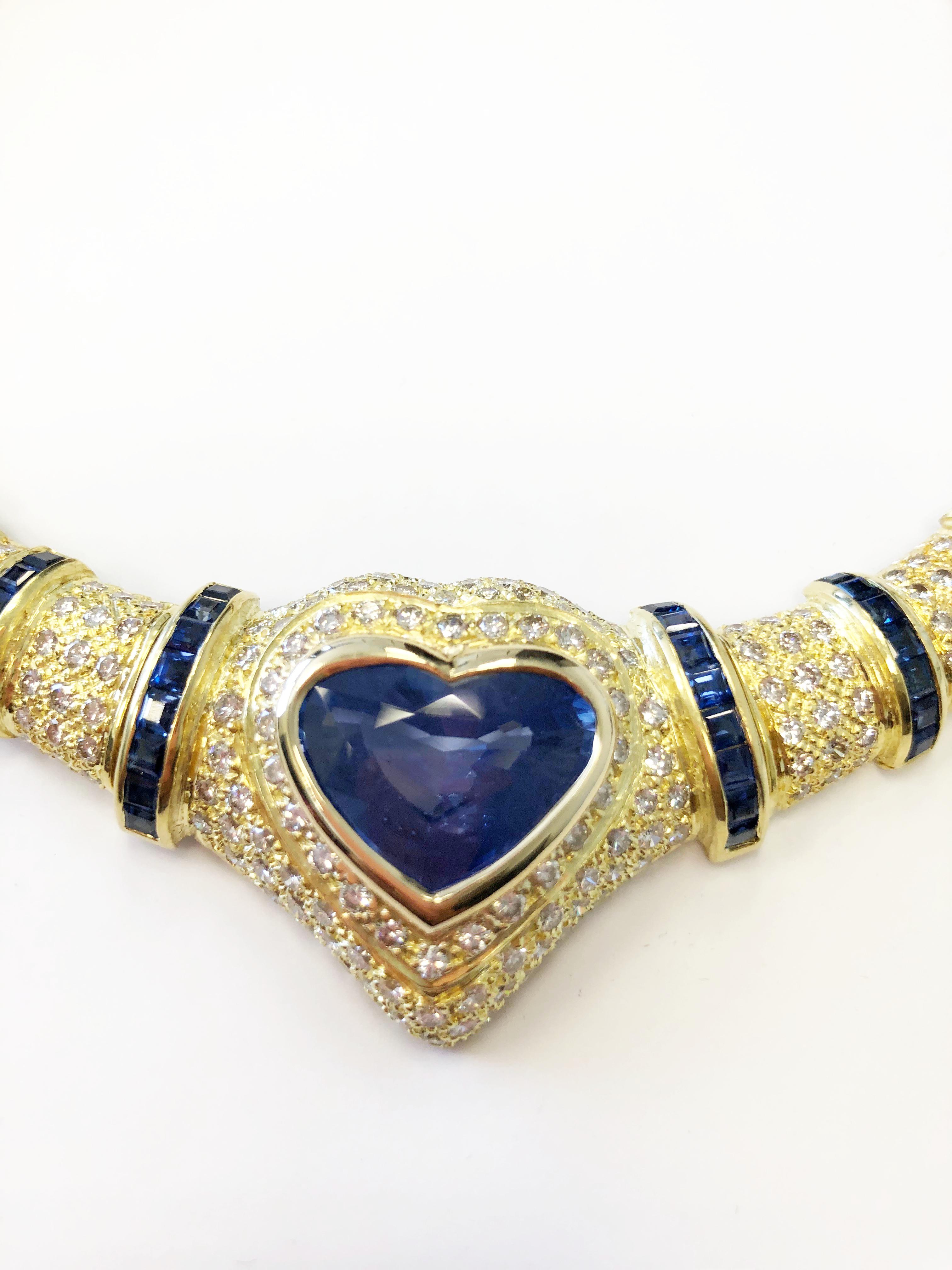 GIA Blue Sapphire Heart and White Diamond Necklace in 18 Karat Yellow Gold 1