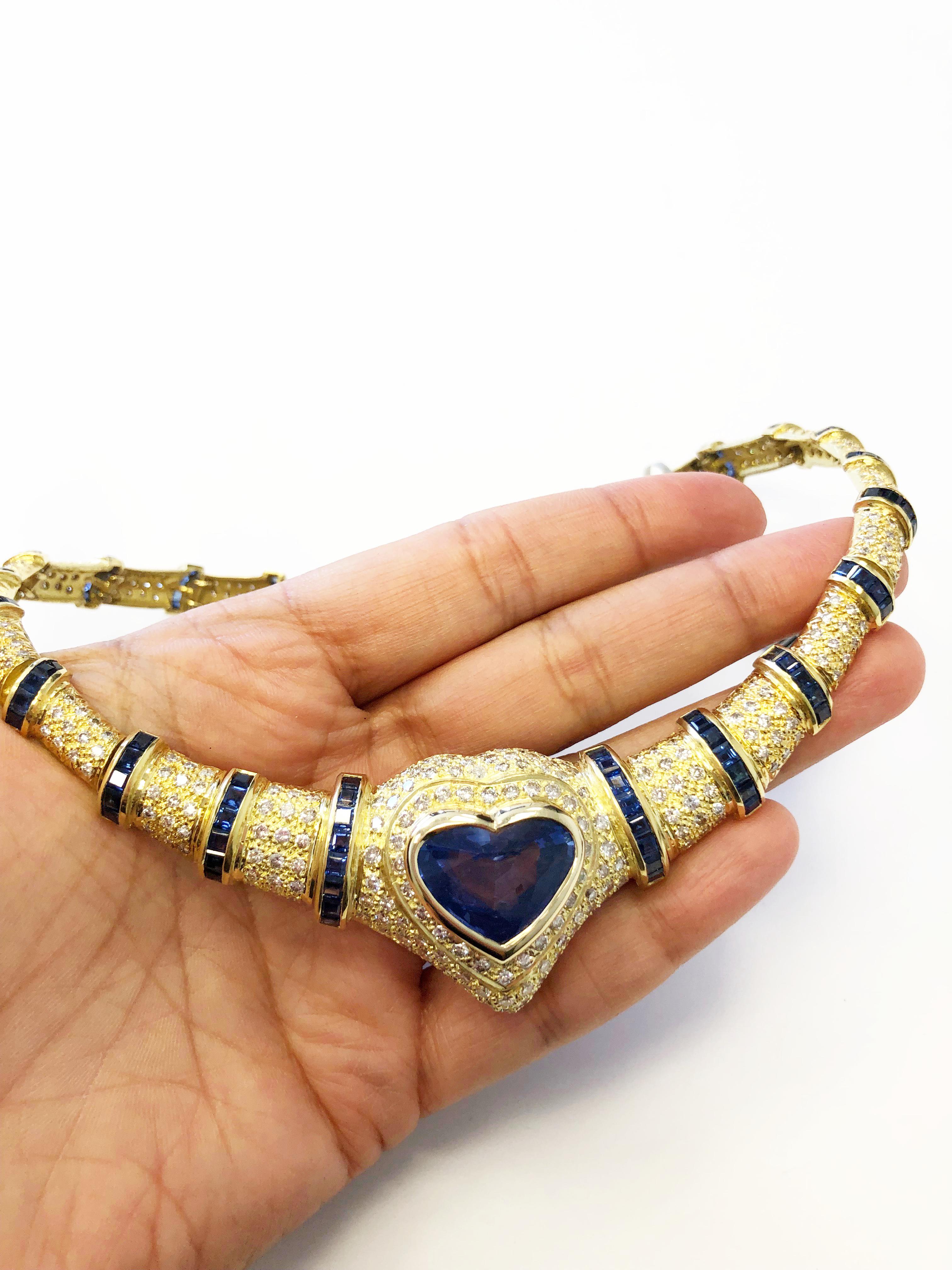 GIA Blue Sapphire Heart and White Diamond Necklace in 18 Karat Yellow Gold 2