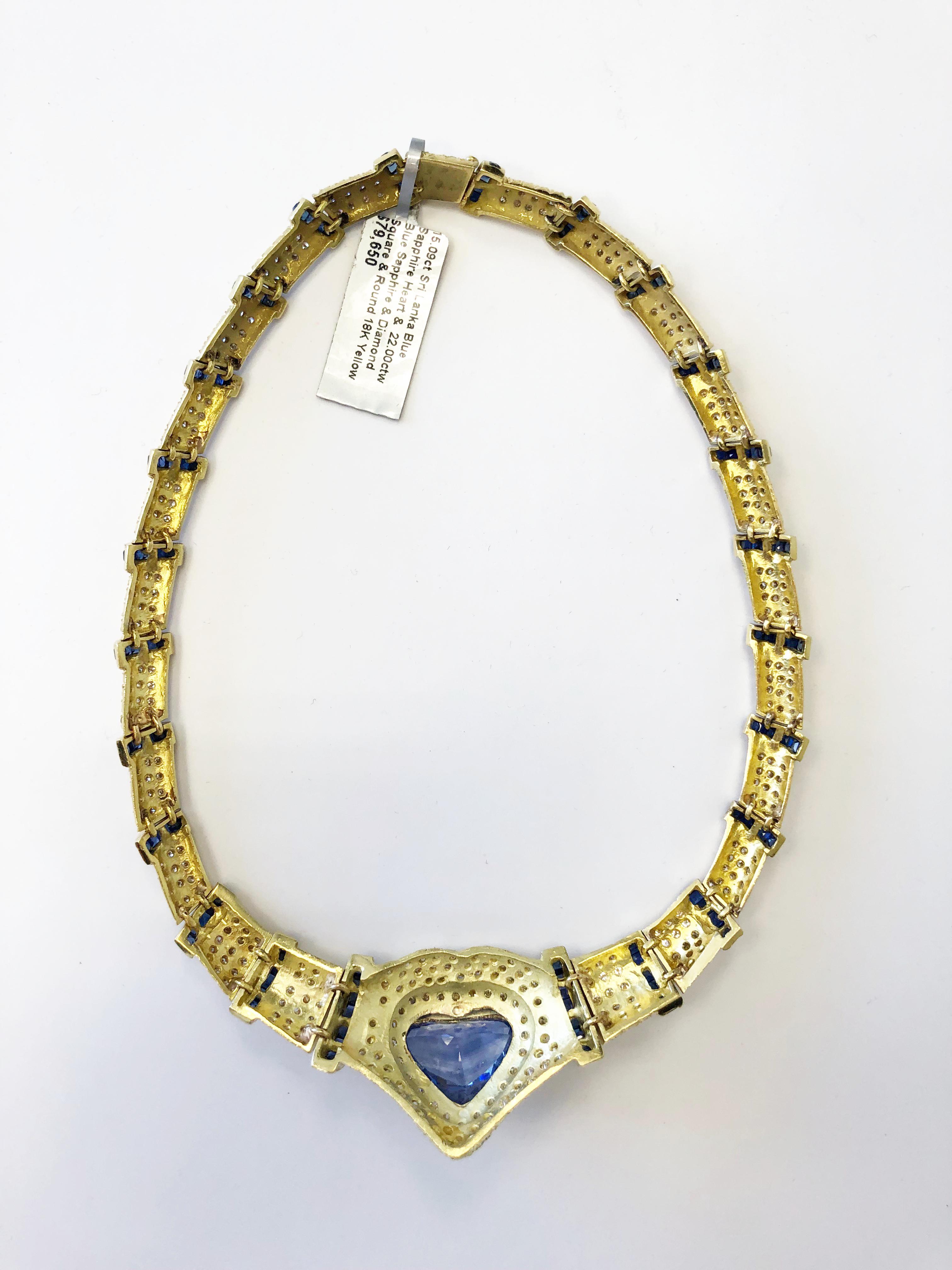 GIA Blue Sapphire Heart and White Diamond Necklace in 18 Karat Yellow Gold 3