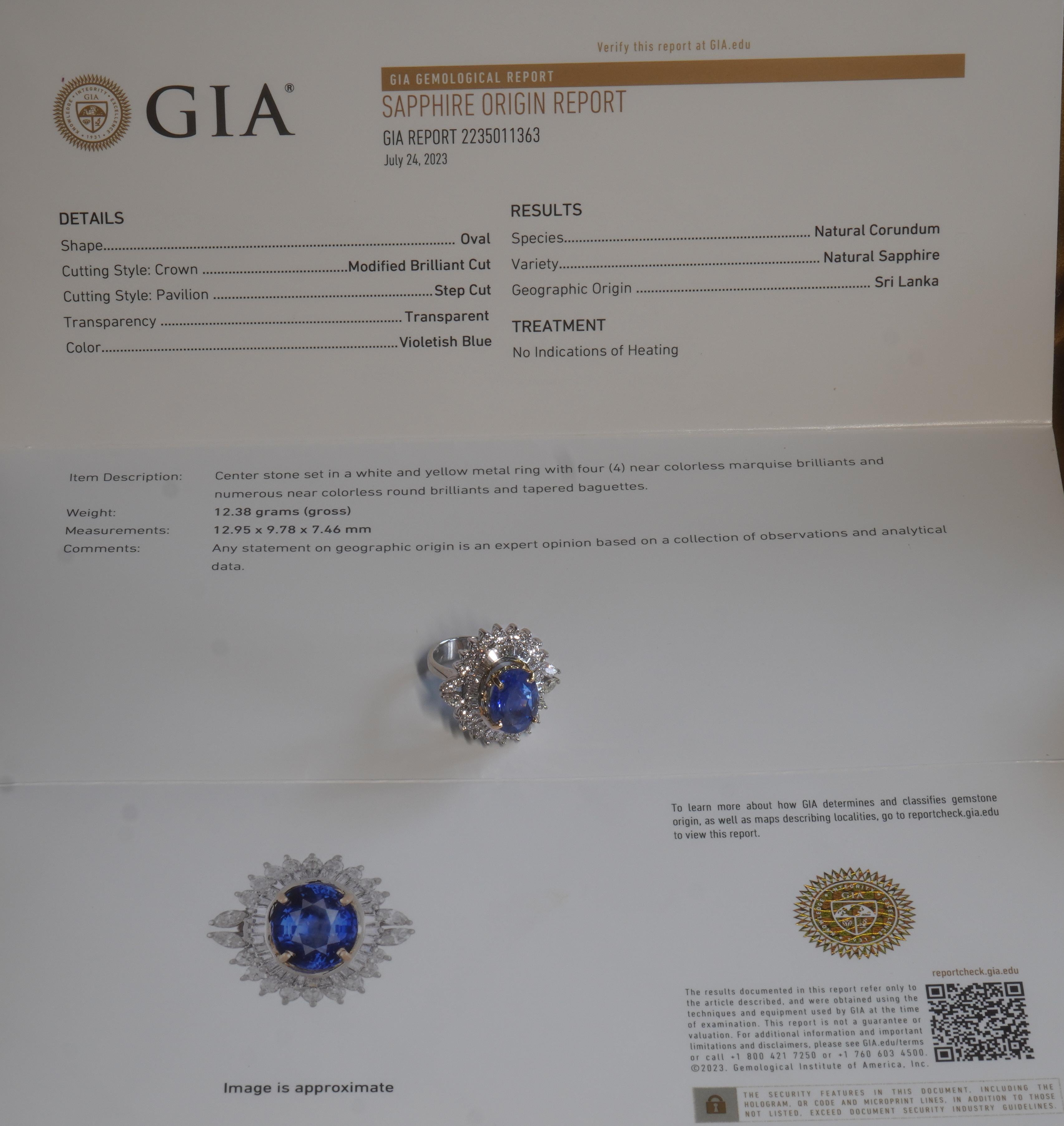 Oval Cut GIA Blue Sapphire No Heat 14K Gold Diamond Ring Sri Lanka VS Huge Fine 11.38 CTS For Sale