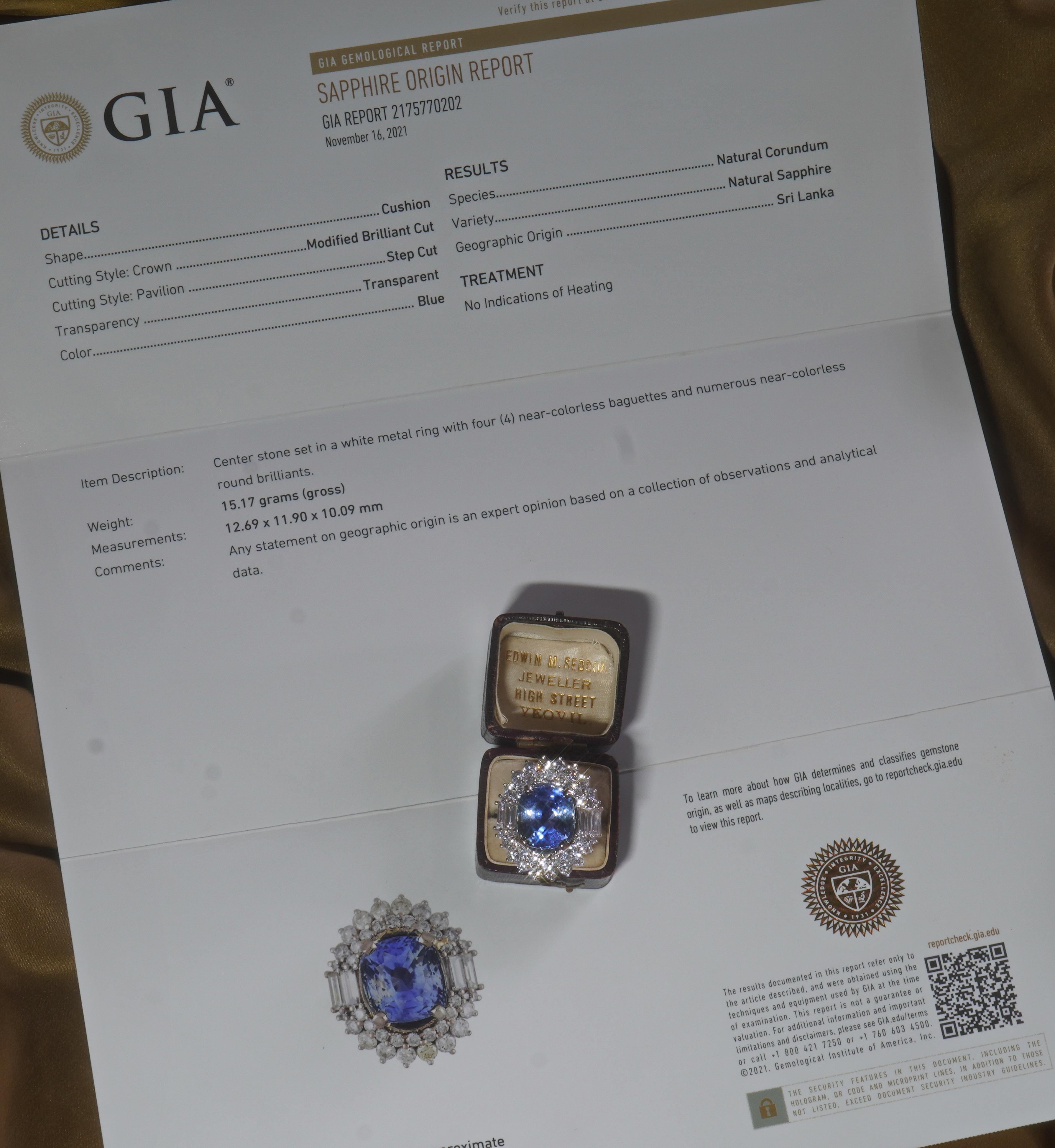 Old South Jewels proudly presents... VINTAGE LUXURY.   GIA CERTIFIED 18K GOLD HUGE 18.38 CARAT UNHEATED SAPPHIRE DIAMOND ANTIQUE RING & BOX!   HUGE 15.02 CARAT GORGEOUS CORNFLOWER BLUE GIA CERTIFIED RARE NO HEAT NATURAL SAPPHIRE.   This Rare