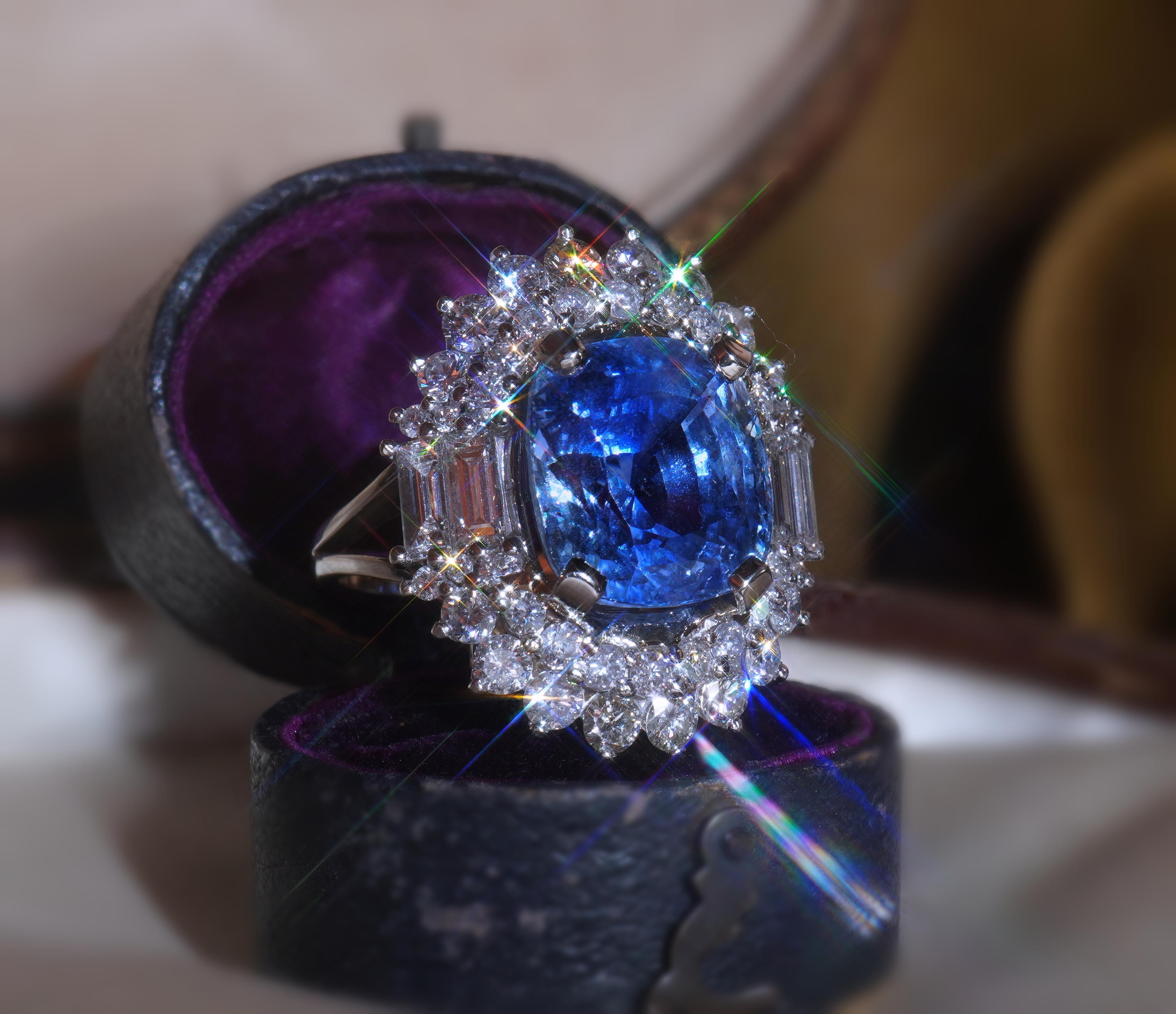 Cushion Cut GIA Blue Sapphire No Heat 18K Diamond Ring Vintage Srilanka VS Fine 18.38 Carats
