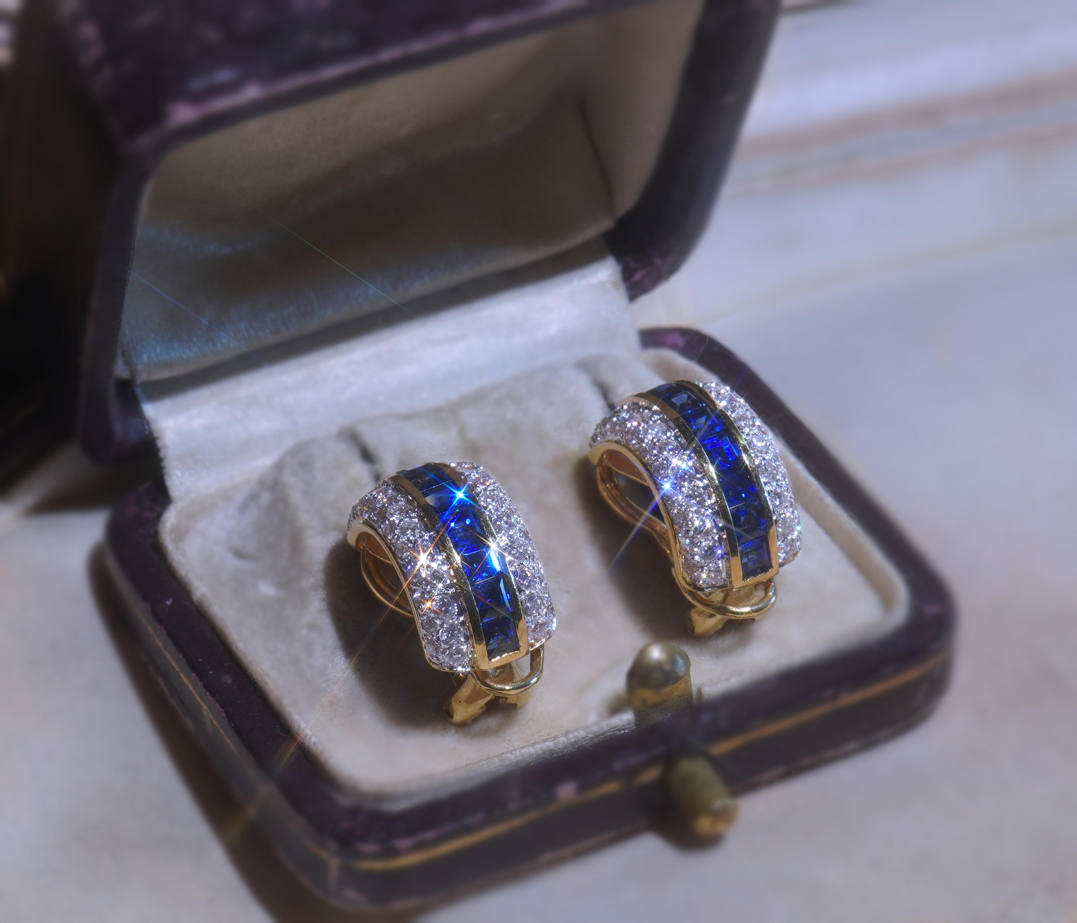 Princess Cut GIA Blue Sapphire NO HEAT Diamond 18K Tahitian Pearl Vintage Earrings 3.96 CTS For Sale