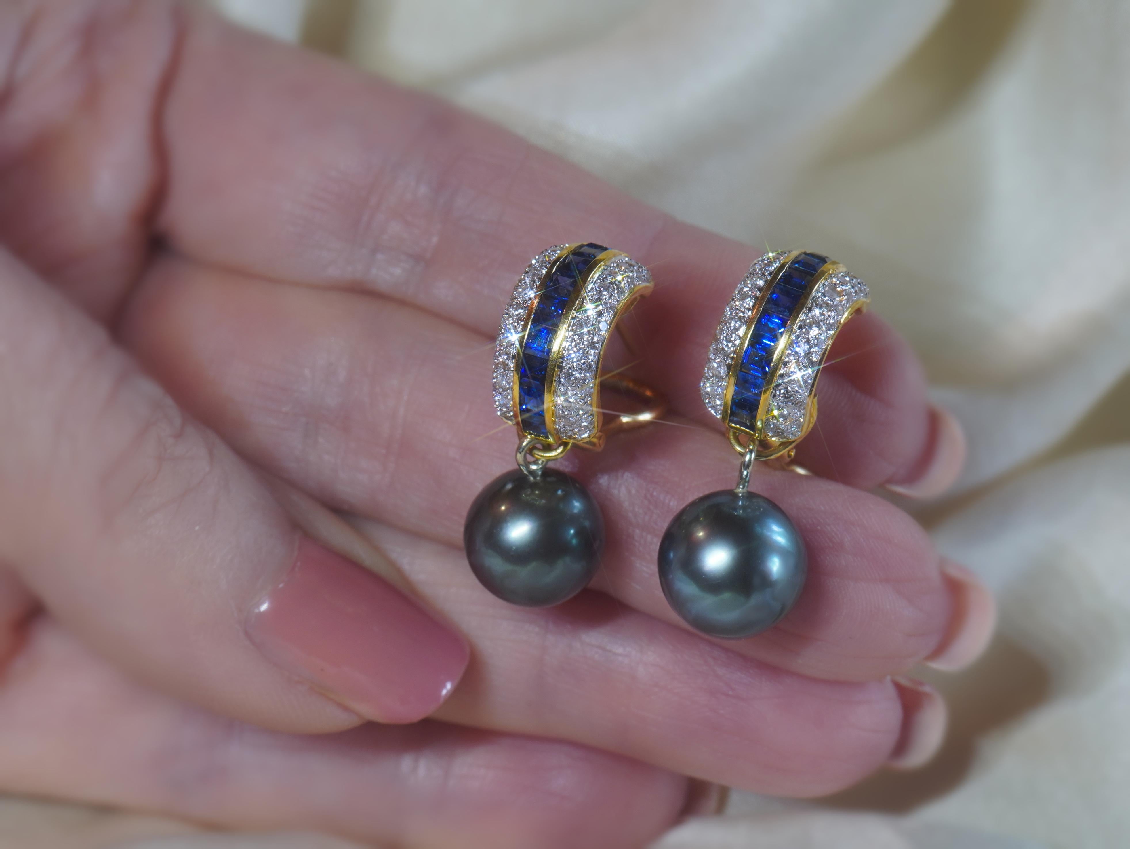 GIA Blue Sapphire NO HEAT Diamond 18K Tahitian Pearl Vintage Earrings 3.96 CTS For Sale 2